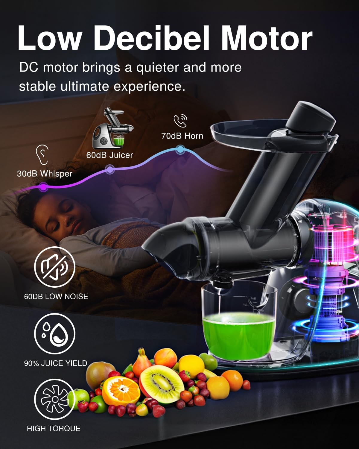 Juicer Machines, Vividmoo Masticating Juicer machines with 3-Inch Wide Chute, 2-Speed Modes & Reverse Function, Powerful Fruit Cold Press Juicer,