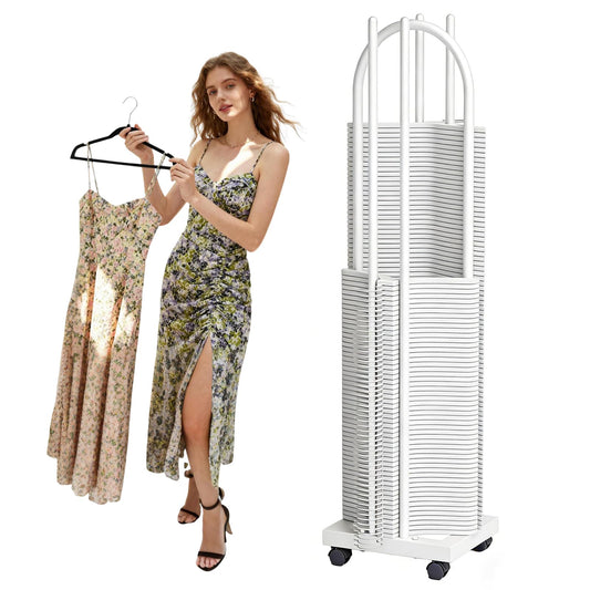 Large Capacity Hanger Organizer Stacker Stand, White, 2-in-1 Hanger Storage with Lockable Casters, Hanger Stacker for Closet, Laundry Room, Clothes Stores(White, 51 inch)