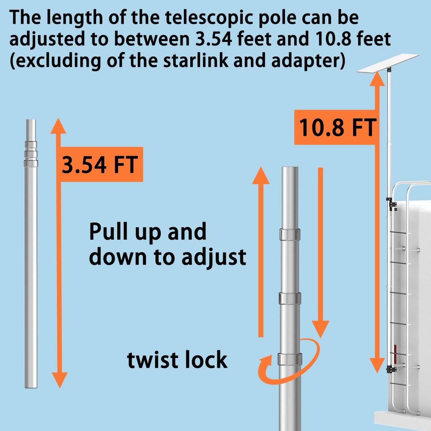 Starlink Gen 3 RV Ladder Mounting KitsTelescopic 11ft Pole with Starlink (GEN 3 / V3) Adapter and RV Ladder Mounting Bracket Kit - Fits 0.5 to 1.2