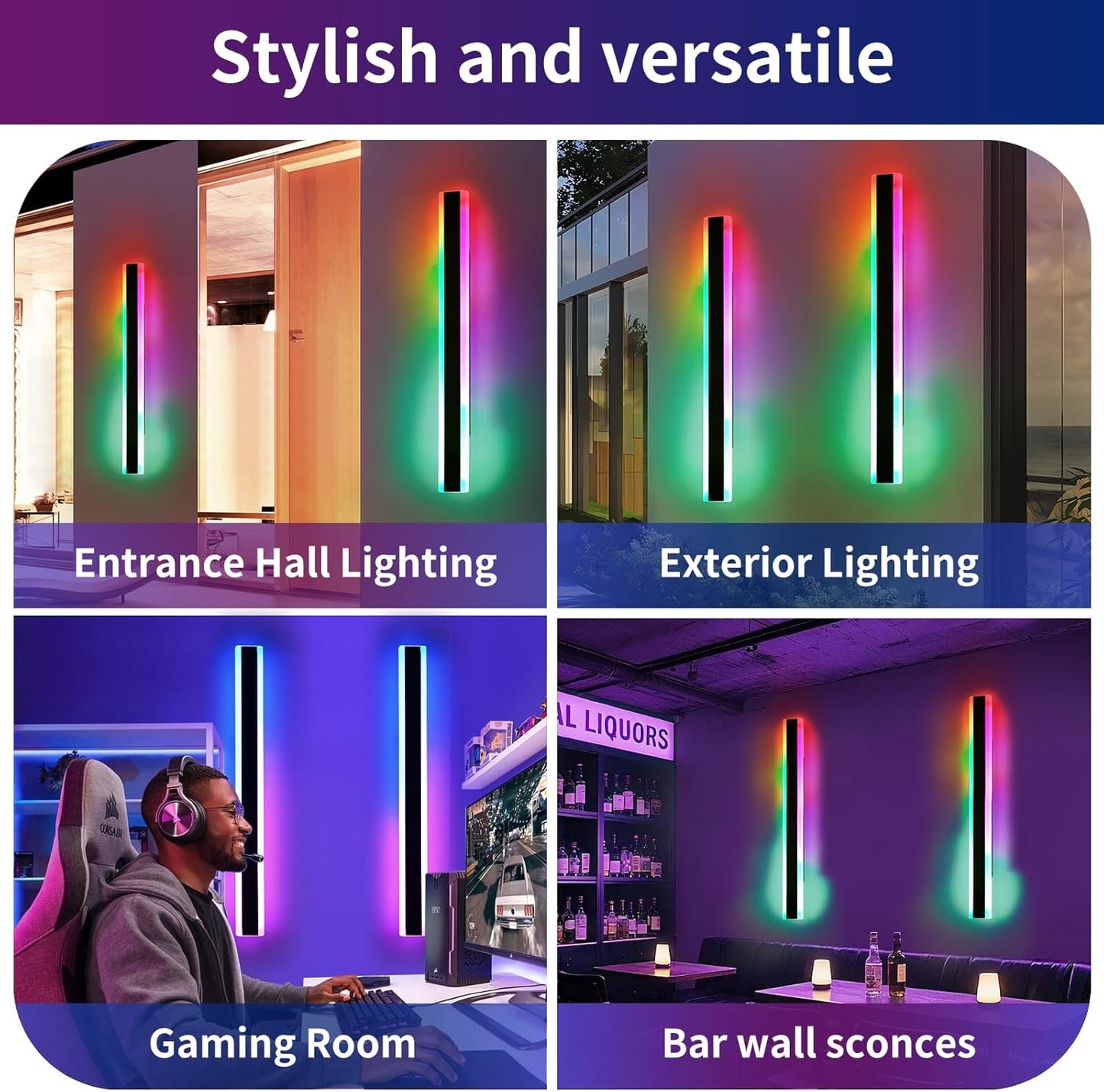 2 Pack Modern Exterior Lighting Fixtures, 39.3inch RGB LED Outdoor Wall Lights, IP65 Waterproof, Dimmable Long Linear Wall Mounted Sconce for Porch, Patio, Garage, House with Remote Control 39inch 2 Pack