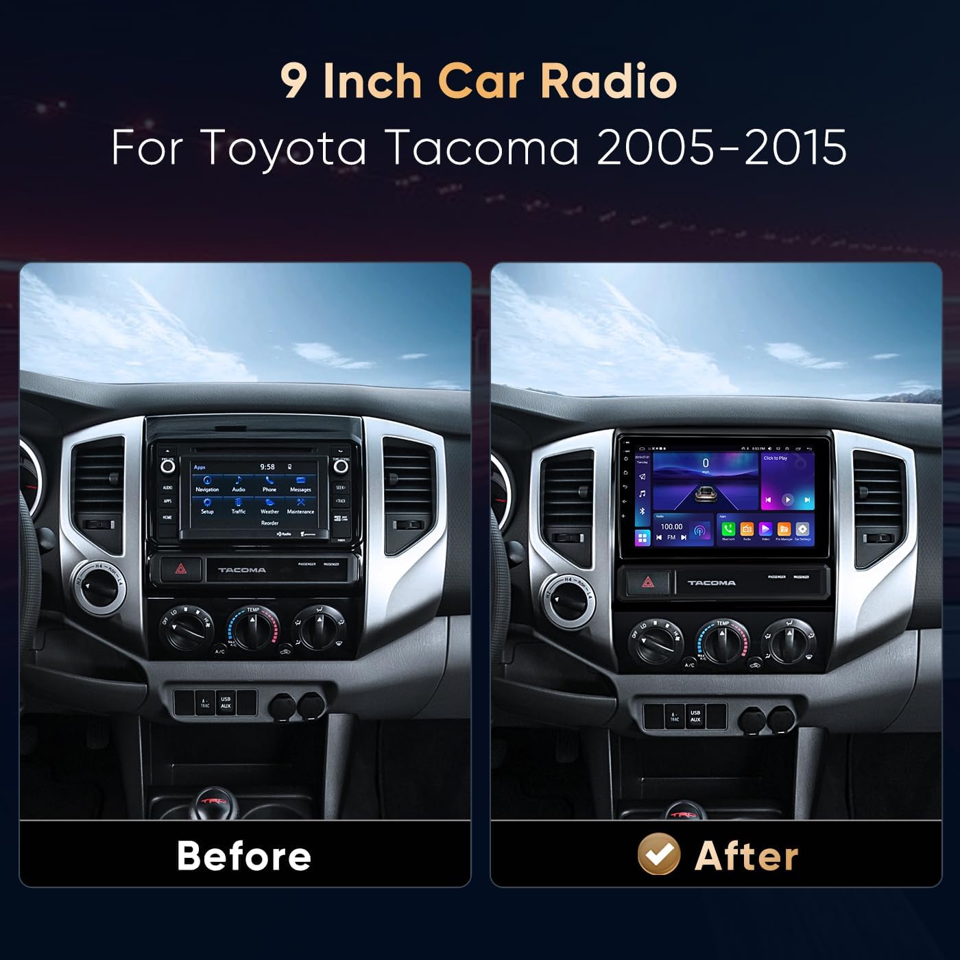 Wireless CarPlay Radio for Toyota Tacoma 2005 2006 2007 2008 2009 2010 2011 2012 2013 2014 2015, JBL Compatible Android Auto Stereo, 2GB+64GB GPS Bluetooth, 1080P Backup Camera Tacoma2005-2015