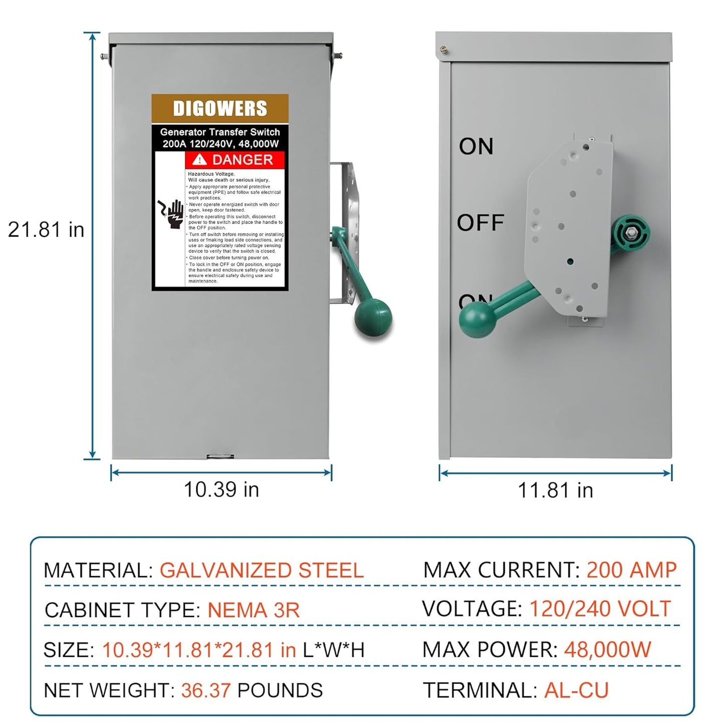 Upgraded 200 Amp Generator Transfer Switch, Manual Transfer Switch 2 Pole 4 Wires, 120/240-Volt 48,000-Watt General-Duty Double Throw Safety Switch,