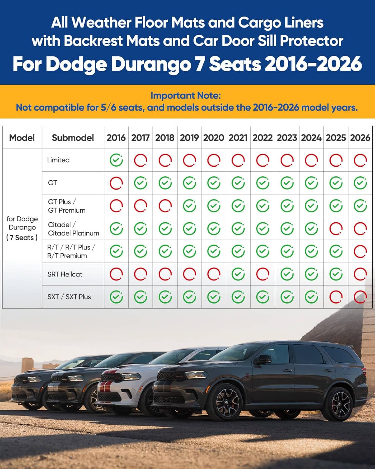 Floor Mats For Dodge Durango 2016-2026 (7 Seat), 11 Pcs TPE Custom Car Mat All Weather Floor Mats & Cargo Liner for Dodge Durango 2016 2017 2018 2019 2020 2021 2022 2023 2024 2025 2026