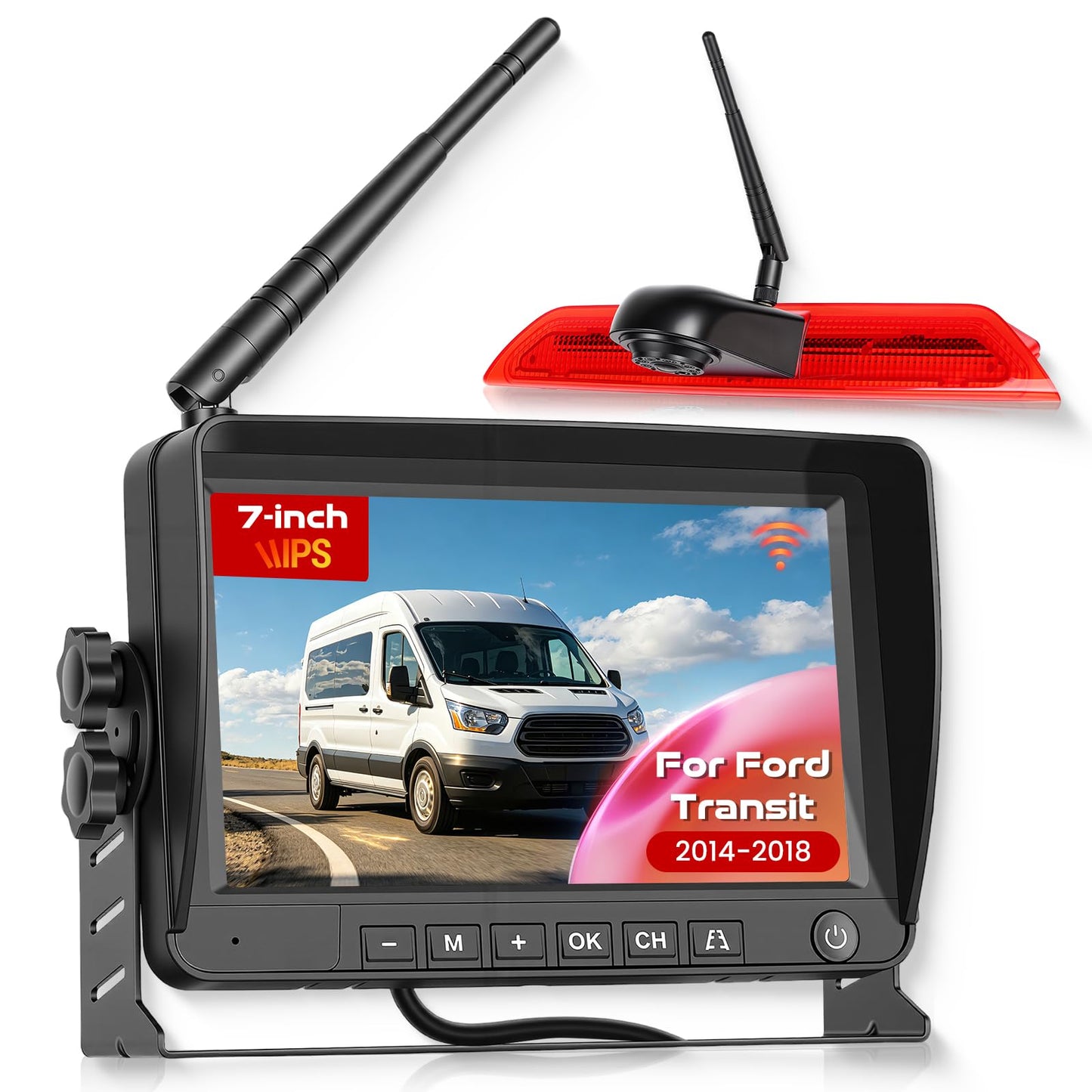 Wireless Backup Camera for Ford Transit 2014-2018, 3rd Brake Light Rear View Camera System with 7" Monitor, High Mount Roof Reverse Camera, IR Night Vision, Parking Assist