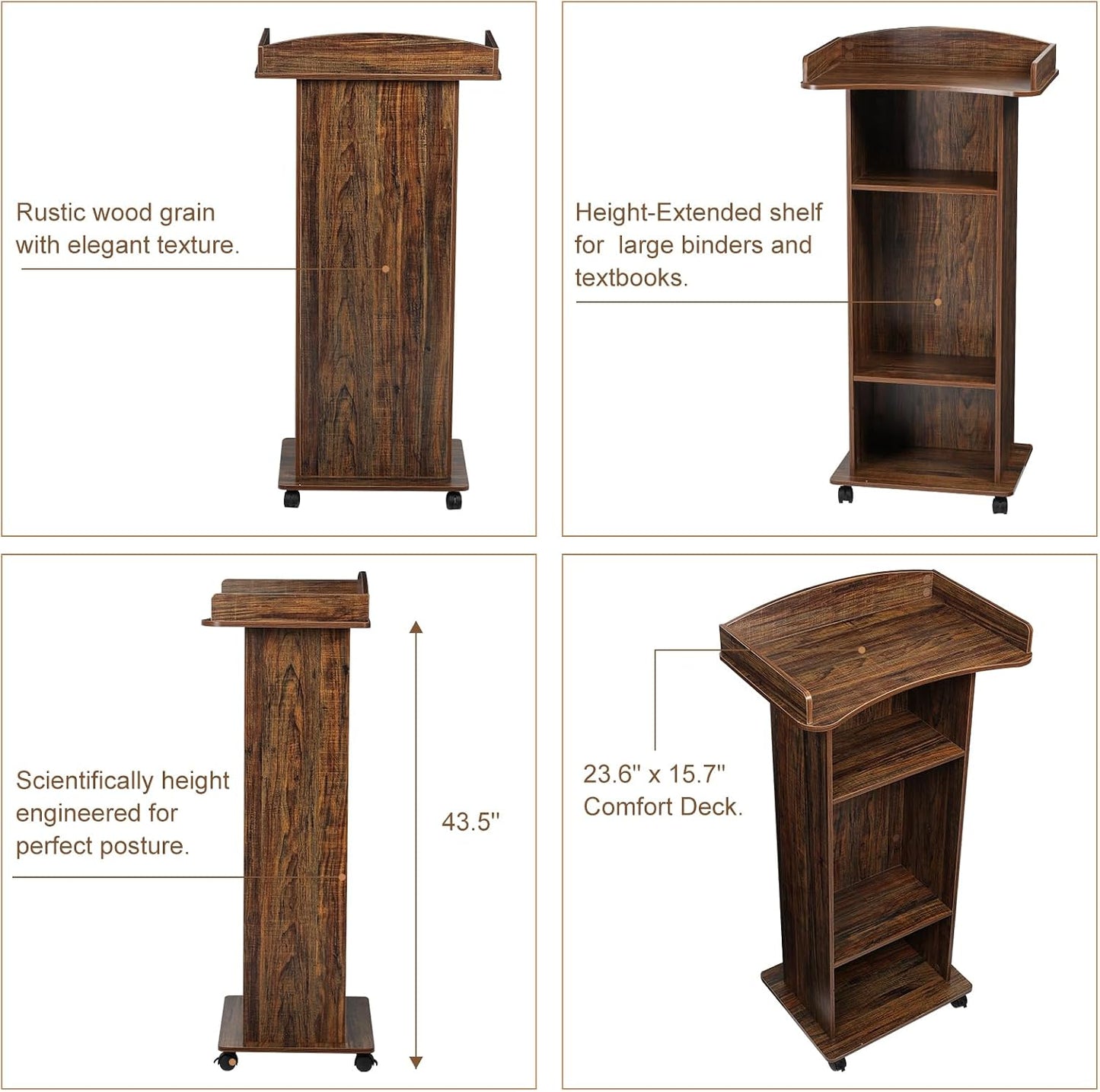 Wooden Podium Lectern Stand with Wheels, 3 Storage Shelves, Black Walnut, for Church Classroom
