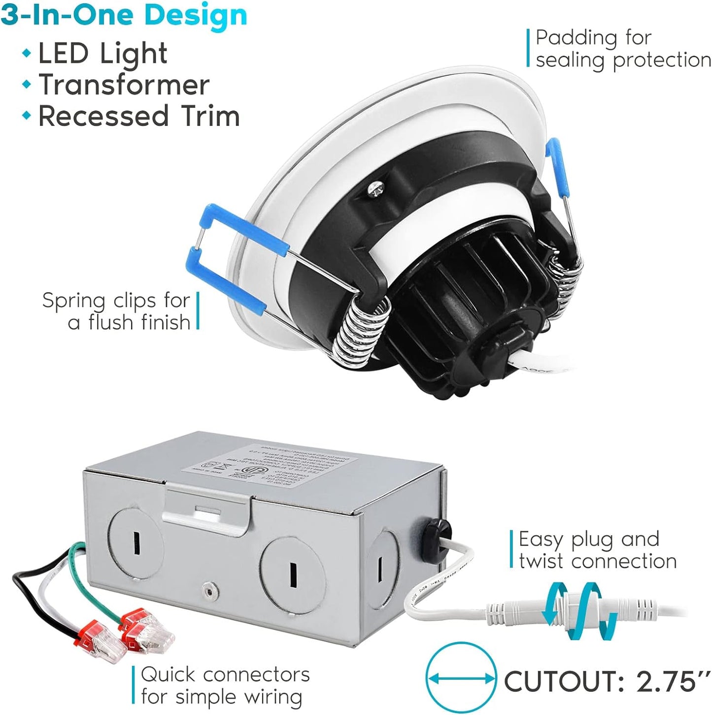 LUXRITE 3 Inch Gimbal LED Recessed Light with Junction Box, 5CCT Color Selectable 2700K-5000K, Dimmable Adjustable Eyeball Swivel Lights, 600 Lumens,