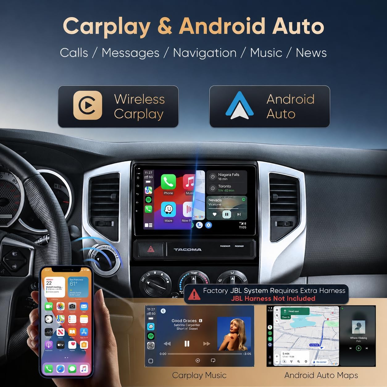 Wireless CarPlay Radio for Toyota Tacoma 2005 2006 2007 2008 2009 2010 2011 2012 2013 2014 2015, JBL Compatible Android Auto Stereo, 2GB+64GB GPS Bluetooth, 1080P Backup Camera Tacoma2005-2015
