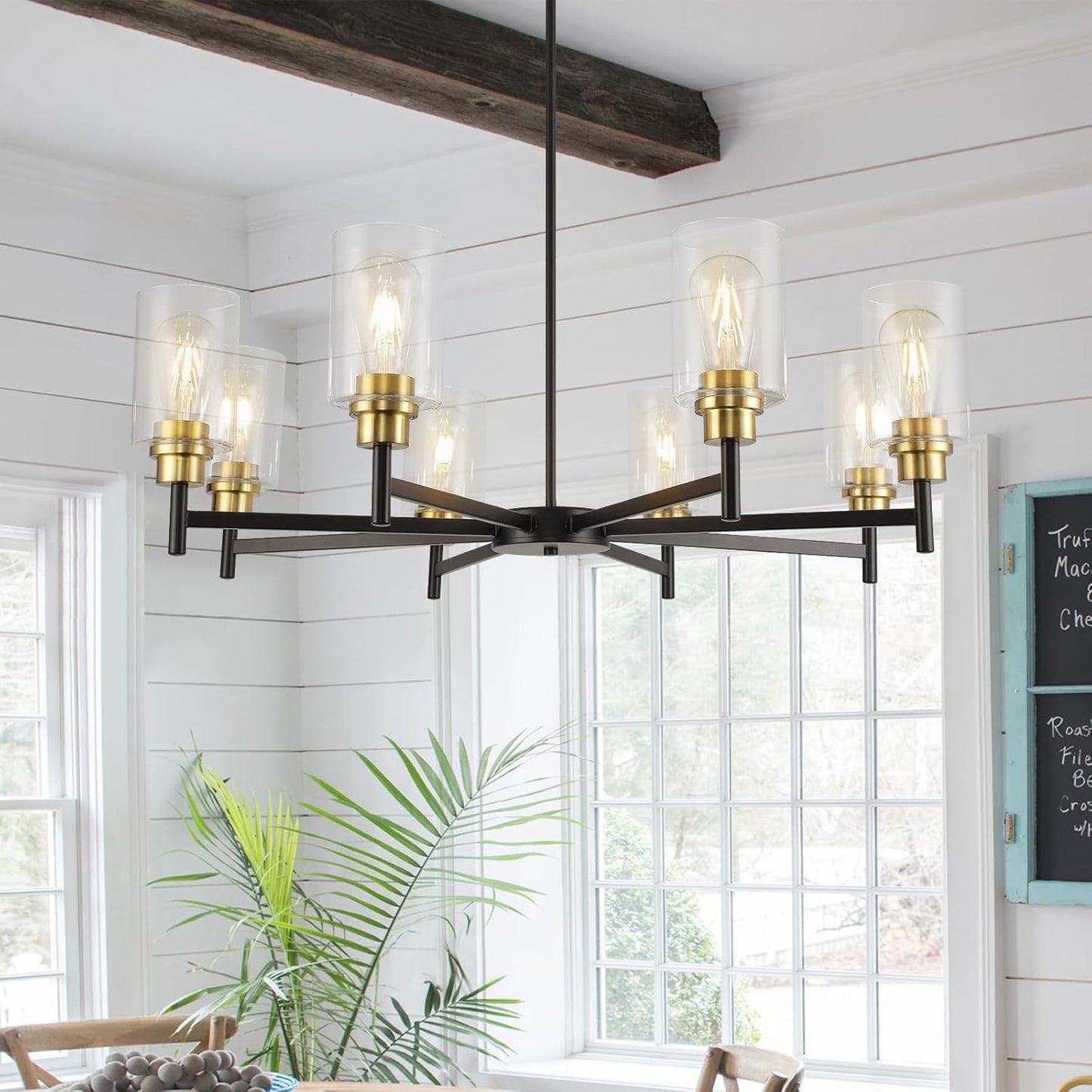 Black Chandelier for Dining Room, Farmhouse Chandelier Light Fixture with Clear Glass Shade 8 Light Industrial Pendant Lights