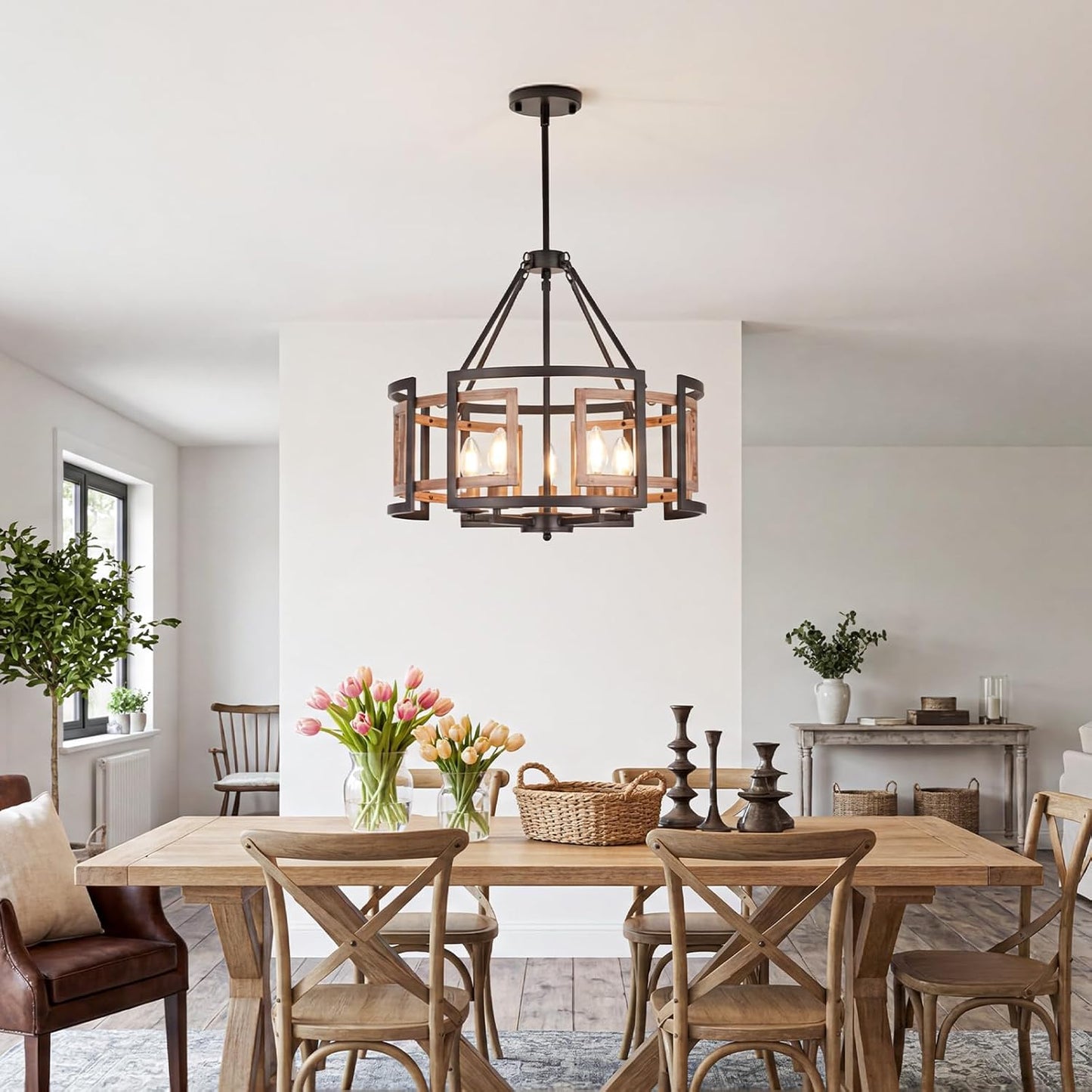 20-inch Chandelier, 5-Light Dining Room Light Fixture Over Table | Matte Black Metal with Woodgrain Frame, Farmhouse Rustic Style, Adjustable Height, E12 Socket, Ceiling Mount, Hardwired, 120V