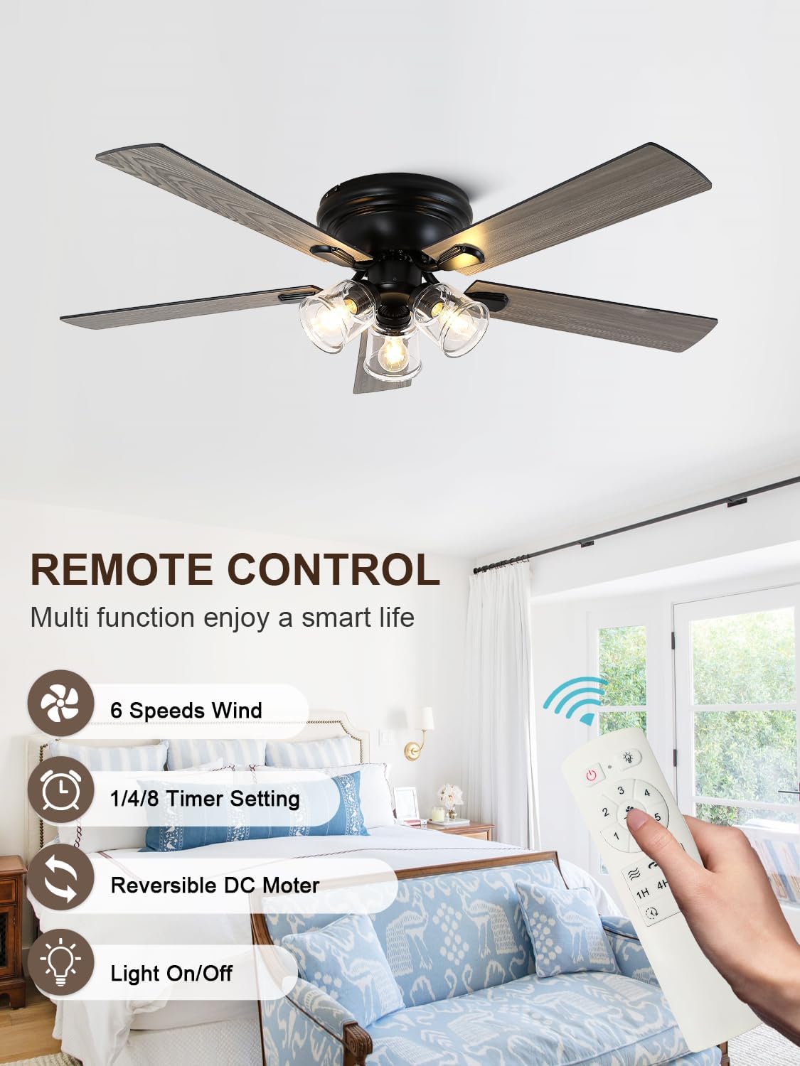 52 Inch Flush Mount Farmhouse Ceiling Fan with Lights and Remote | Rustic Fandelier Ceiling Fan, Low Profile Chandelier, 5 Dual Blade, for Bedroom Living Room, Reversible DC Motor 6 Speeds Vintage-V2