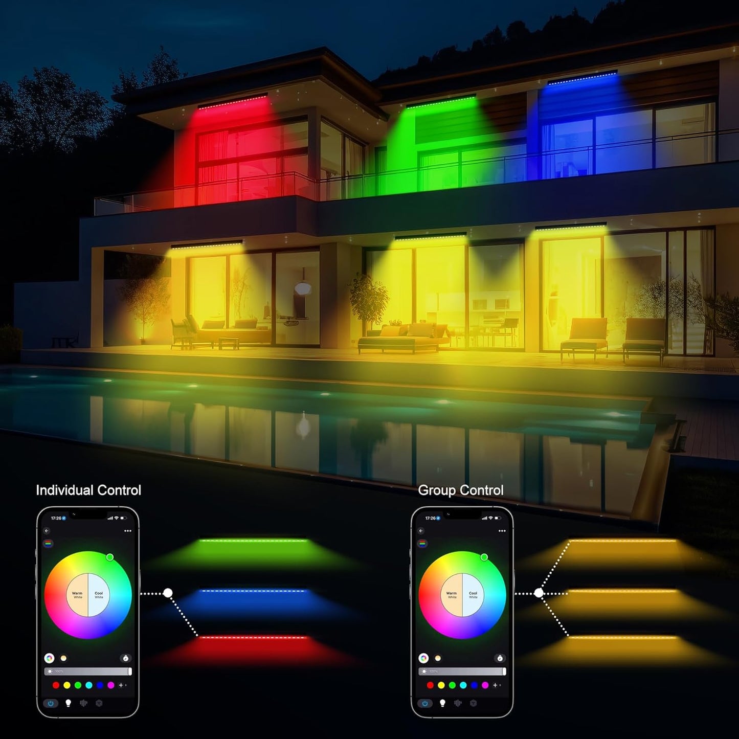 40-Inch Linkable LED Wall Washer Light Bar – Smart RGBCW Color Changing LED, Bluetooth & RF Remote Control, 2700K–6500K Tunable White, 16M Colors, 1–100% Dimmable, IP65 Waterproof Linkable Smart RGB+Tunable White(2700-6500K)
