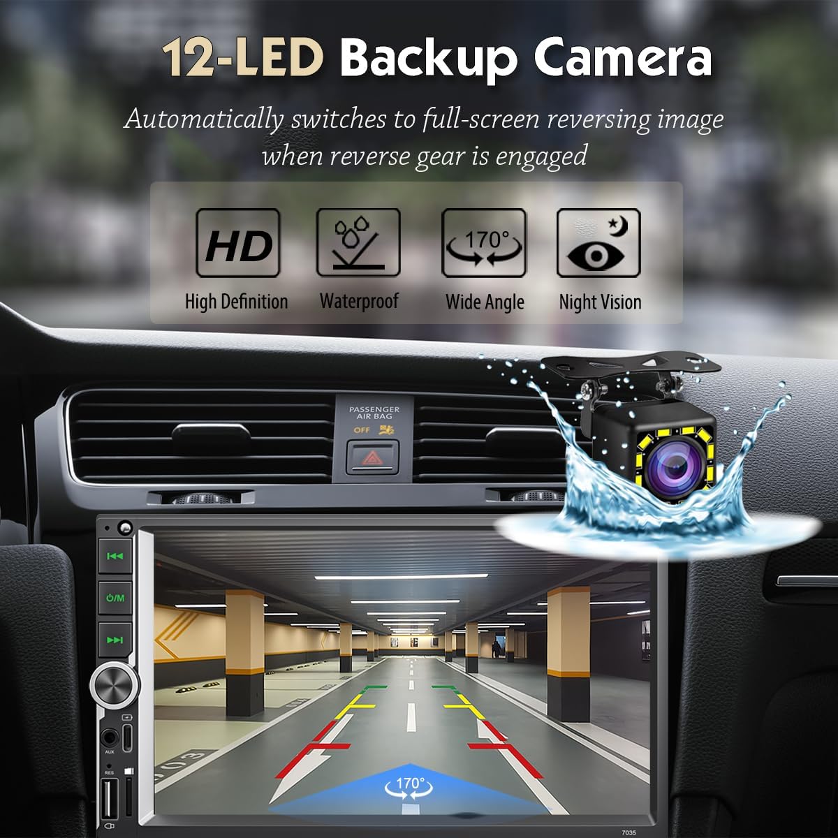 6.9 Inch Car Stereo with Wireless Apple CarPlay & Android Auto, Wireless AirPlay Mirror Link, Double Din Radio with 1024*600 Toucscreen, AM/FM RDS, Bluetooth, Type-C/USB/TF/AUX, 12-LED Backup Camera