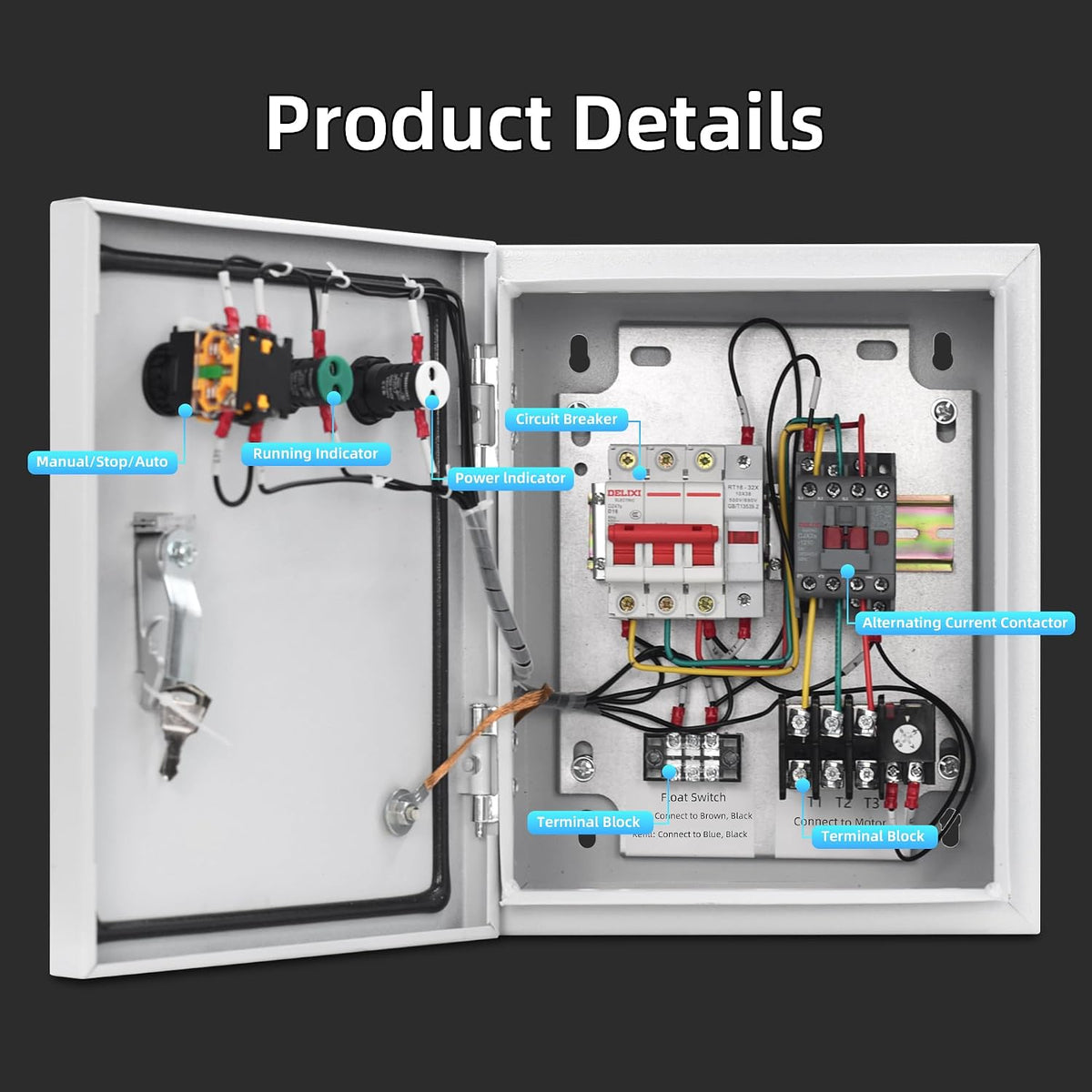 220V Single Phase Pump Control Box with Float Switch, 50/60Hz, Manual/Auto Start Stop Water Level Controller, Metal Enclosure with Key Lock, Power/Run Indicators, Fits 2HP Pumps (3m Float Cable)