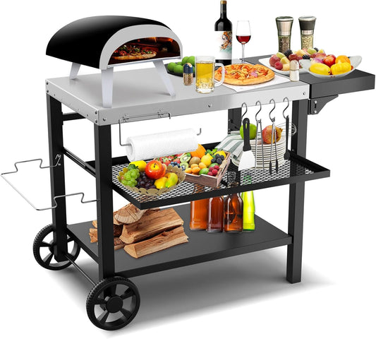 Three-Shelf Movable Cart with Food Prep Worktable, Drawer & Side Table