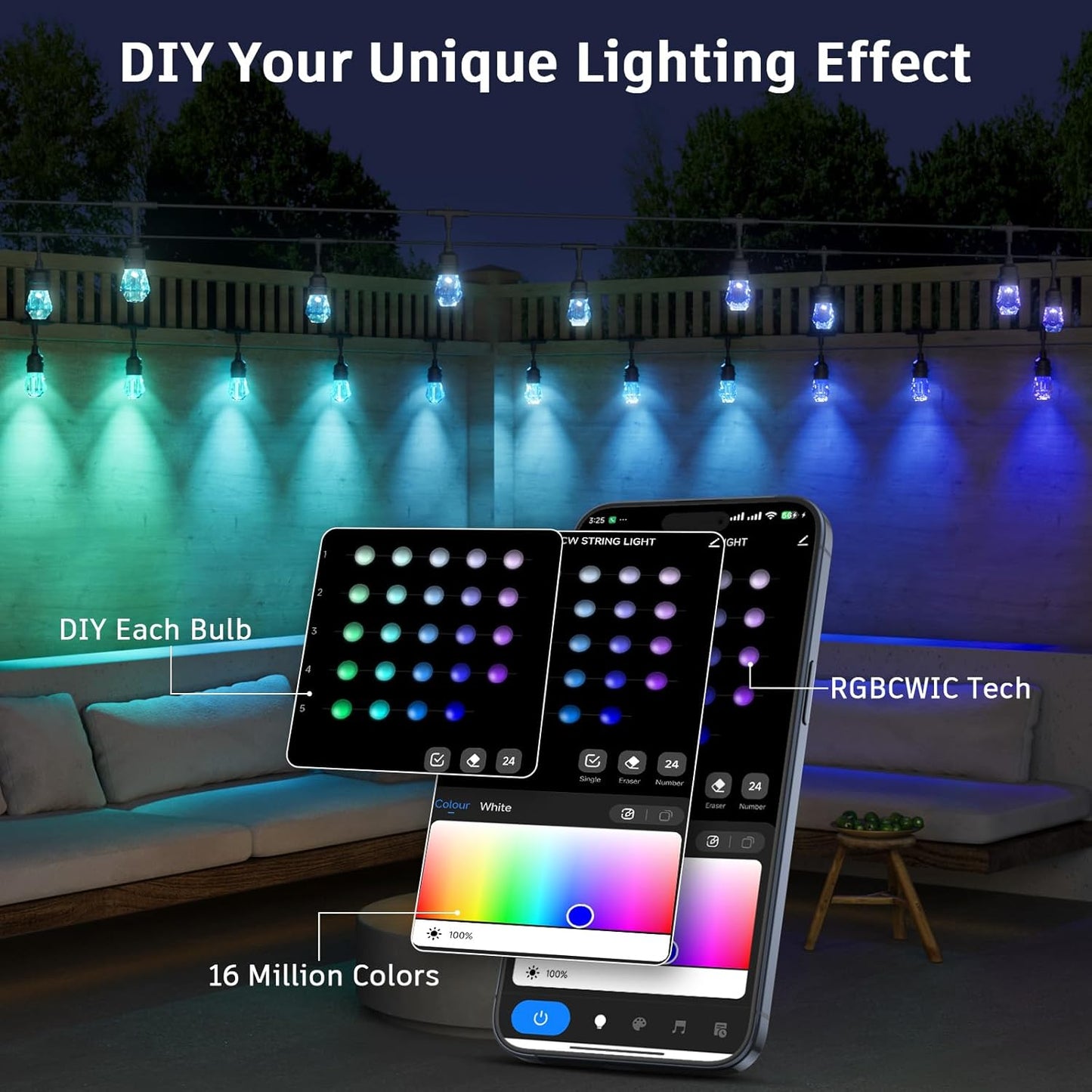 Outdoor String Lights Waterproof, 123ft LED Smart Patio Lights with 40 Shatterproof Dimmable Acrylic Lights