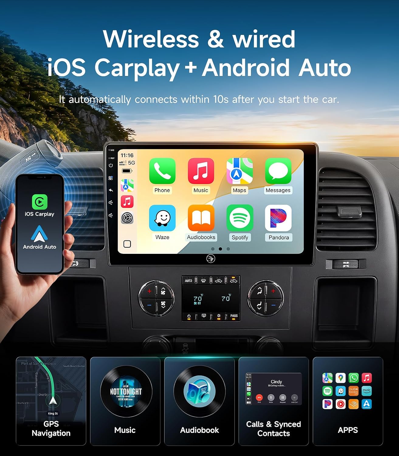 Car Radio Stereo for Chevy Silverado GMC Sierra 07-13, CarPlay Android Auto | 10.2-inch IPS HD touchscreen, 64G storage, 5G WiFi GPS, Bluetooth FM AM SWC, plug-and-play, 1080P backup camera
