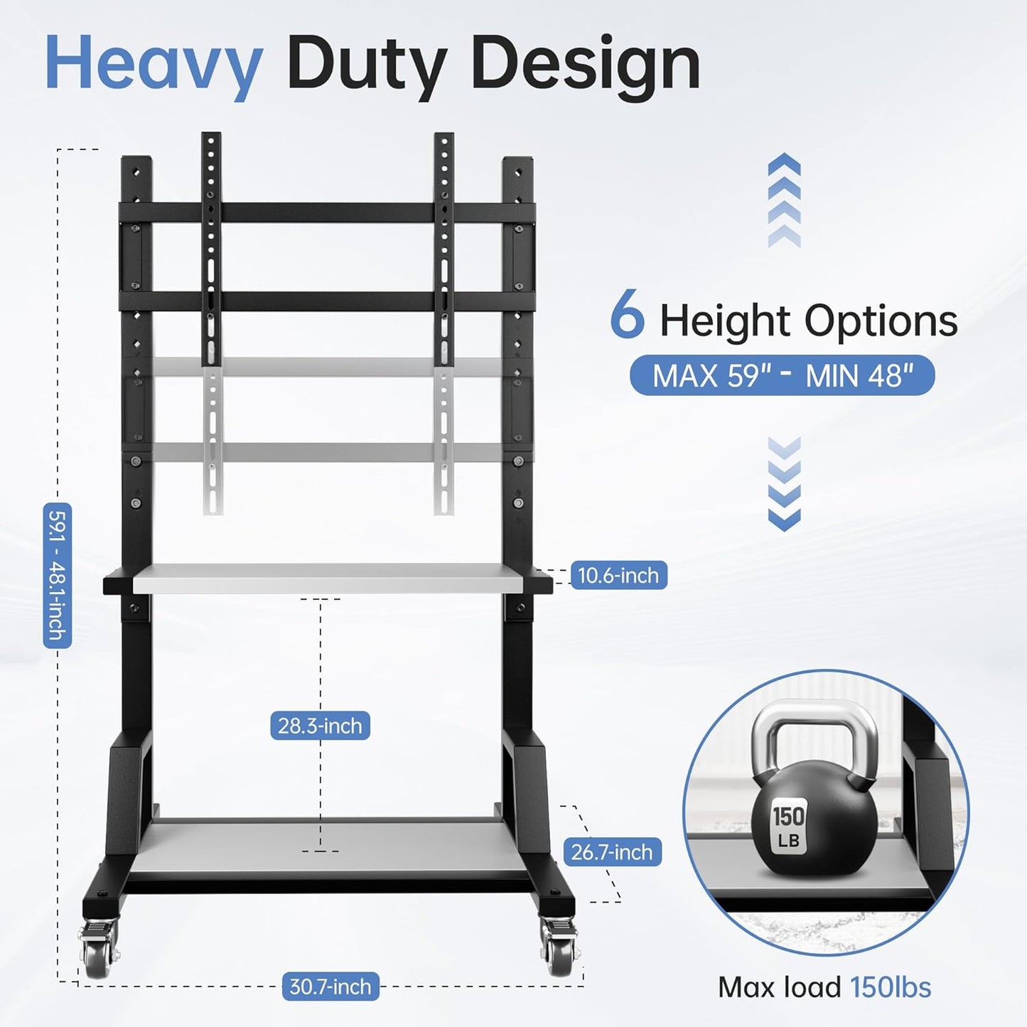 Mobile TV Stand with Storage Shelf, Height Adjustable Rolling TV Cart for 32-75 Inch LCD LED Flat Curved Screens, Portable Wooden TV Stand with