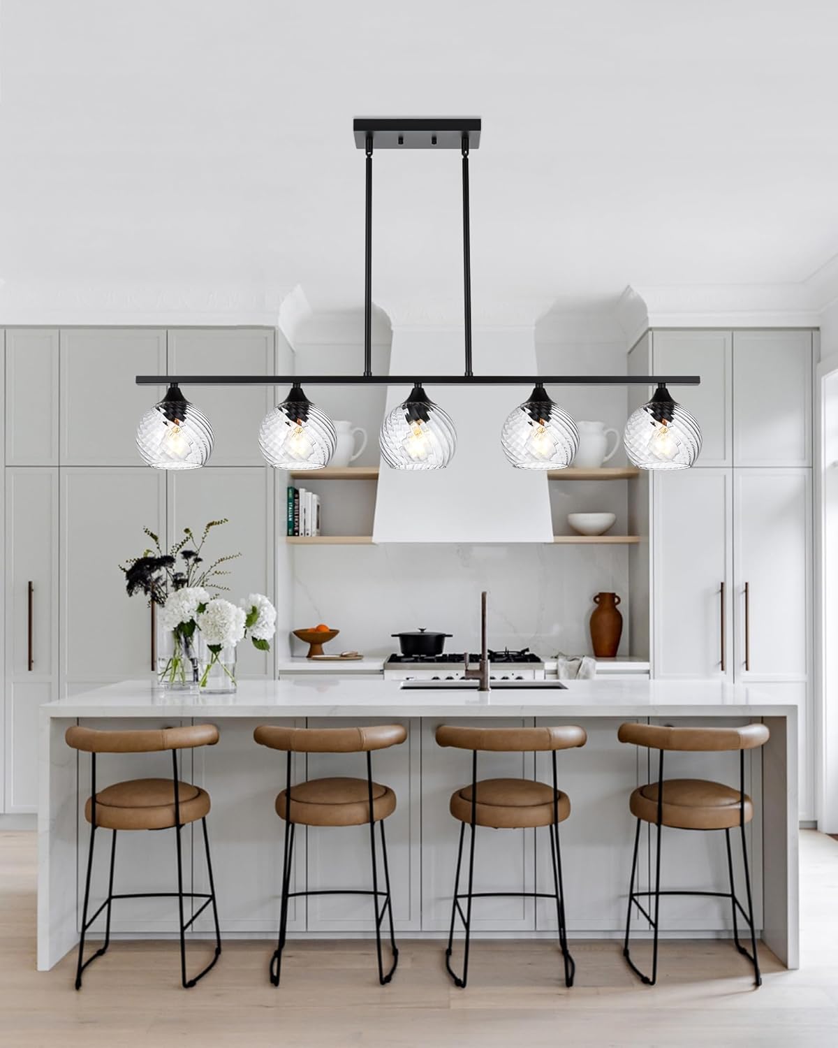 5-Light Kitchen Island Lighting, Globe Clear Glass Pendant Light Fixtures Ceiling Mount in Matte Black Finish, Modern Farmhouse Dining Room Chandelier