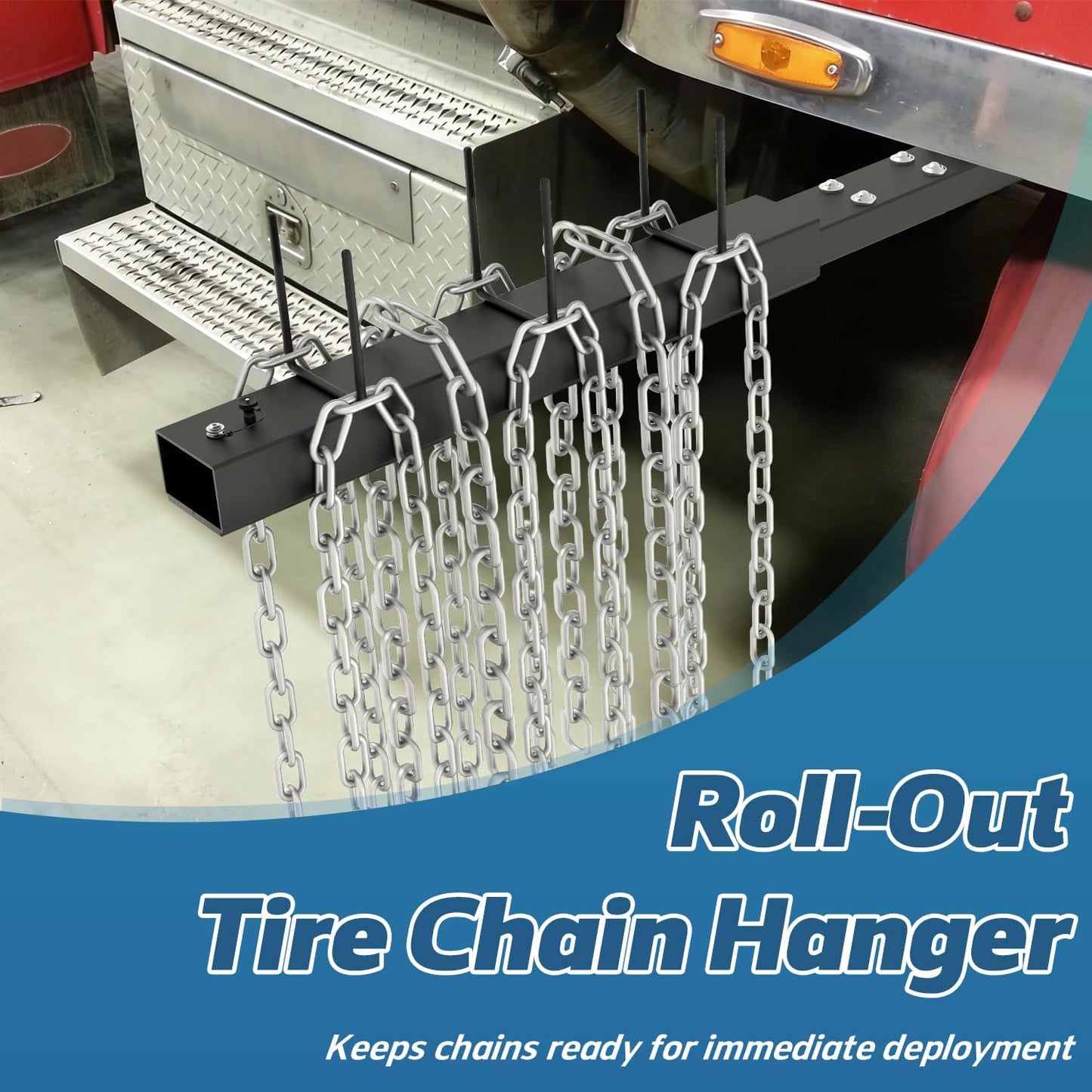Roll-Out Tire Chain Hanger, Heavy-Duty Tire Chain Rack with 12 Ball Casters, Bolt-On Tire Chain Mount for Semi Trucks, Frame-Mounted Tire Chain Holder Compatible with Kenworth, Peterbilt & More