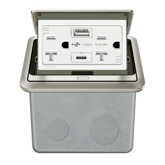 LIDER Soft Pop-Up Floor Box Kit with USB Charger, 20A Tamper-Resistant Receptacle, PD 20W USB Type-A & C, Power Delivery Fast Charge, Galvanized Steel Enclosure, ETL-Listed, Stainless Steel