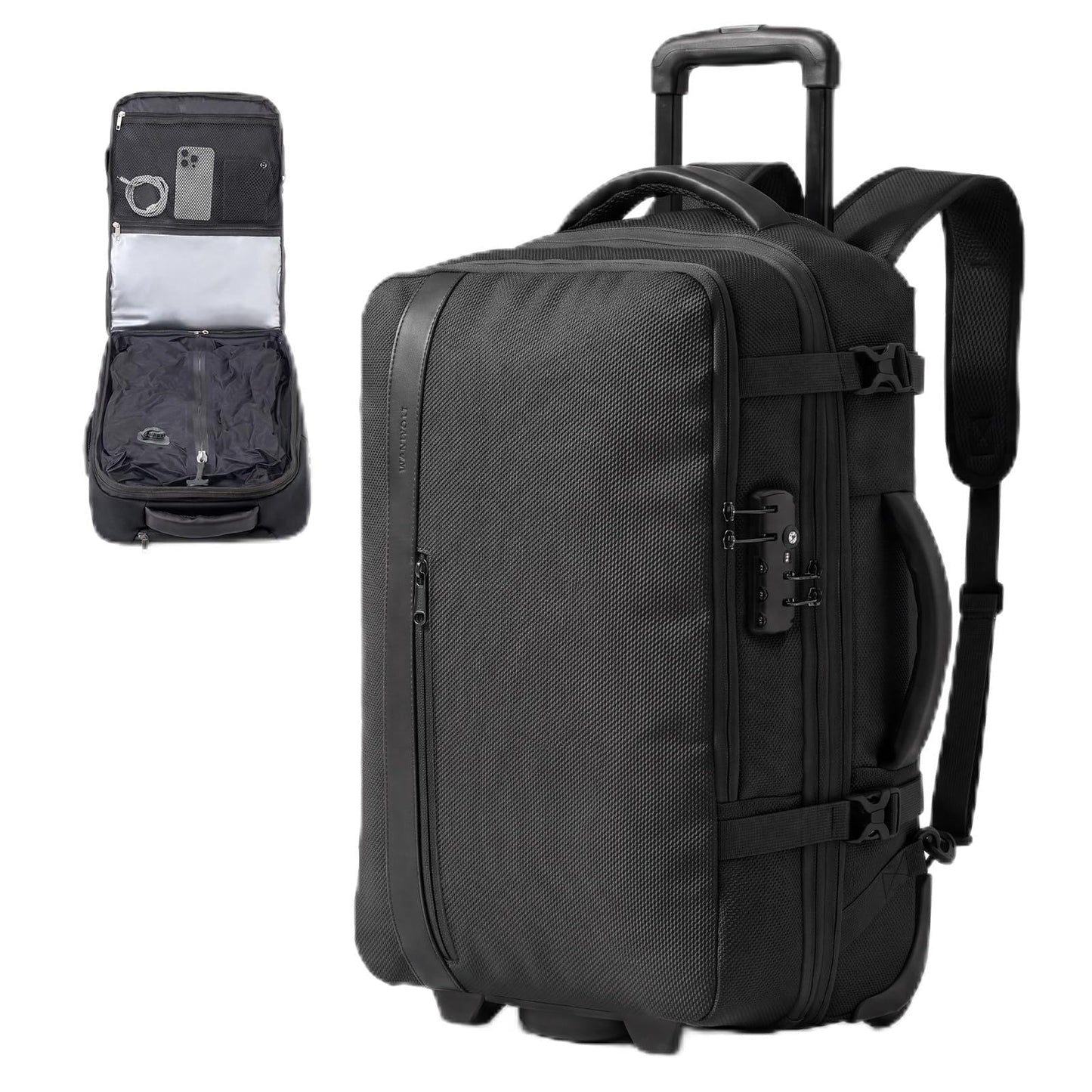 Fanwoli Rolling Vacuum Backpack Travel,One-Button Compression,TSA Carry-On | 54L Expandable | 2-In-1 Design | Built-In Electric Pump | Dual-Zipper TSA Lock | Waterproof | Fits 18” Laptop