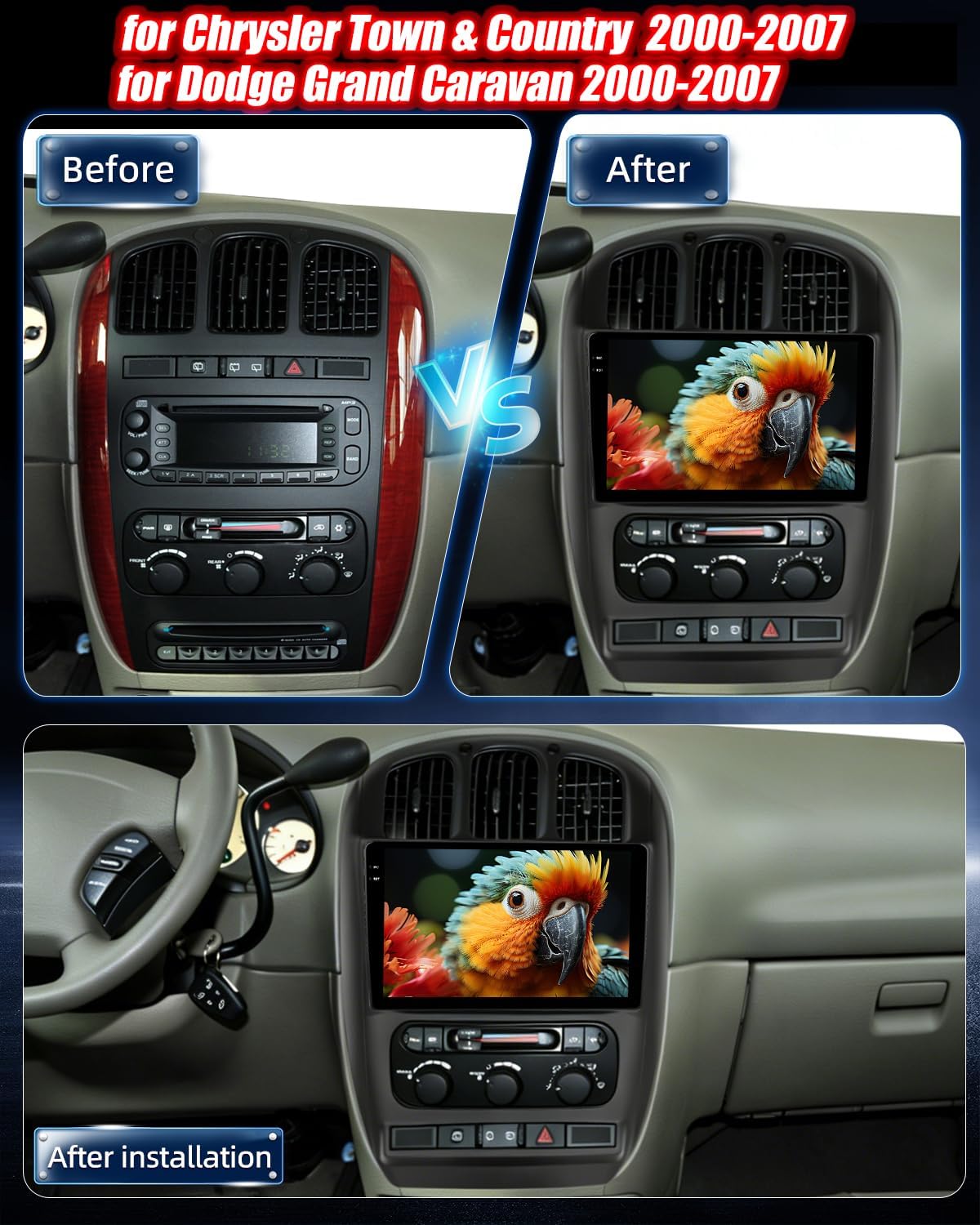 4GB+64GB Android Car Stereo for Chrysler Town & Country and Dodge Grand Caravan 2000-2007 with Wireless CarPlay & Android Auto, GPS, WiFi, Backup Camera, Plug & Play Radio 64.0 GB