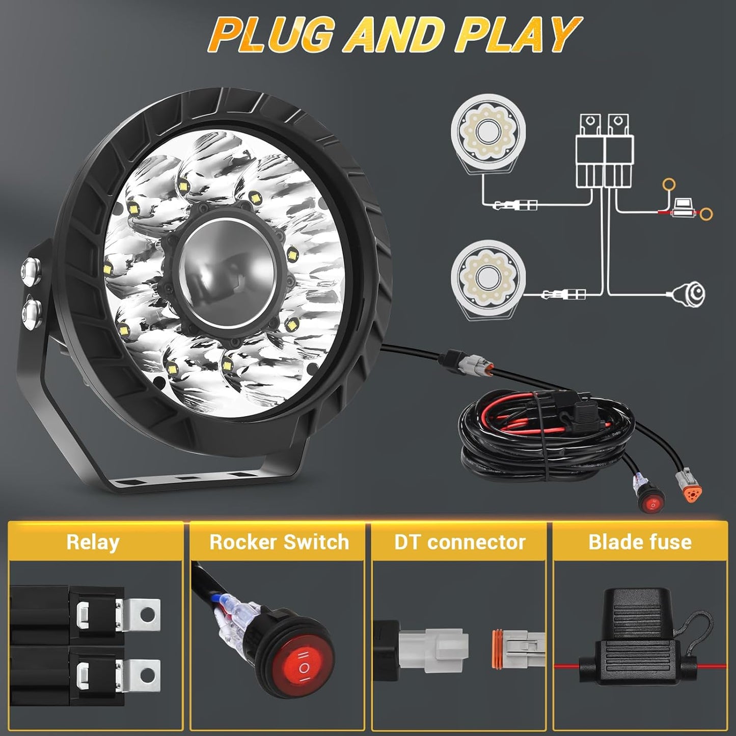 Audak Round LED Offroad Lights 7 Inch 65W Spot Beam LED Driving Light with Wiring Harness Kit for Off Road 4x4 Car Pickup