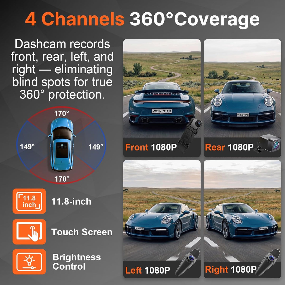 4CH 360 Mirror Dash Cam Front Rear WiFi GPS 128GB SD