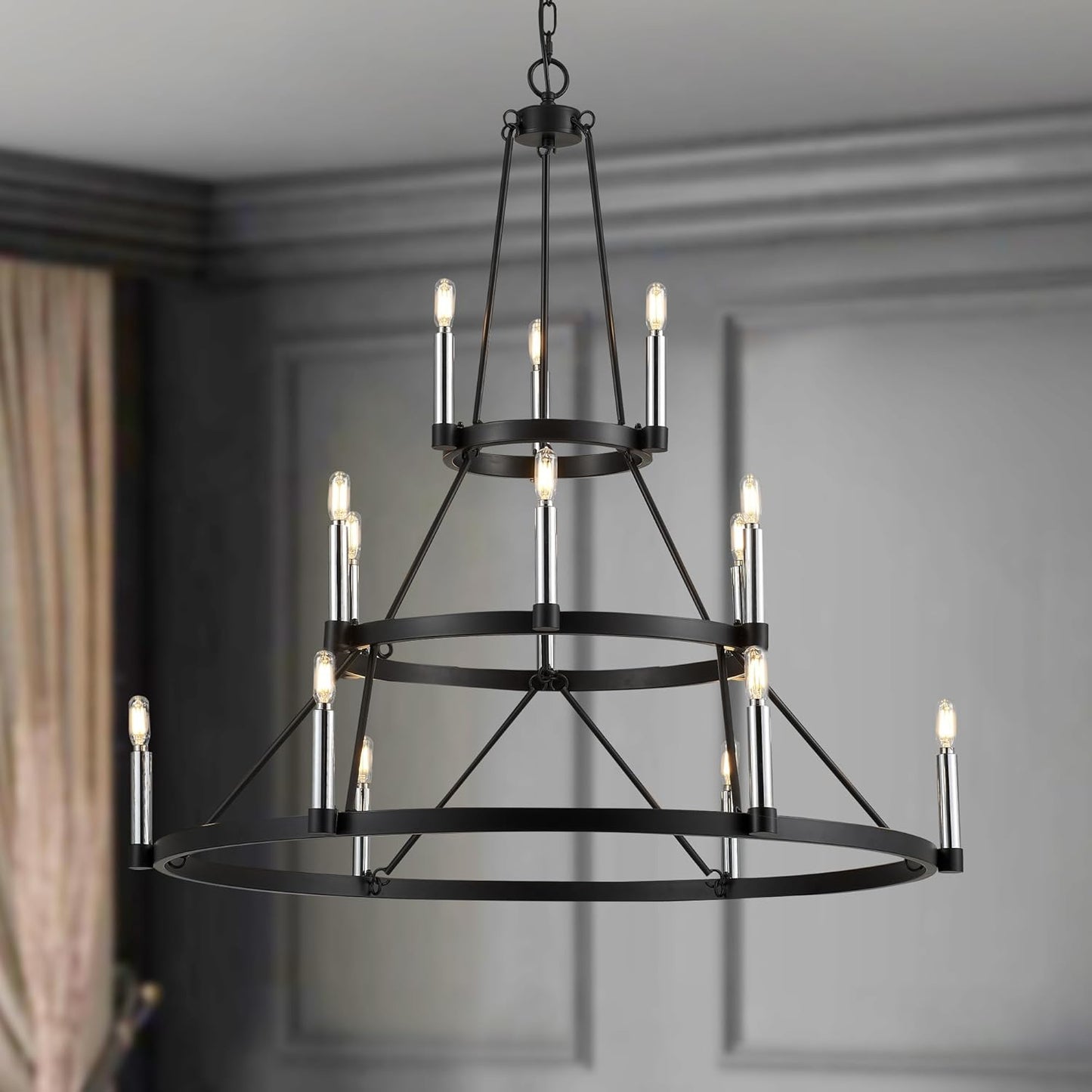 Large Black Wagon Wheel Chandelier 15 Light High Ceiling Chandelier Light Fixture 3 Ring Metal Round Chandelier for Foyer Staircase Entryway Living Ro