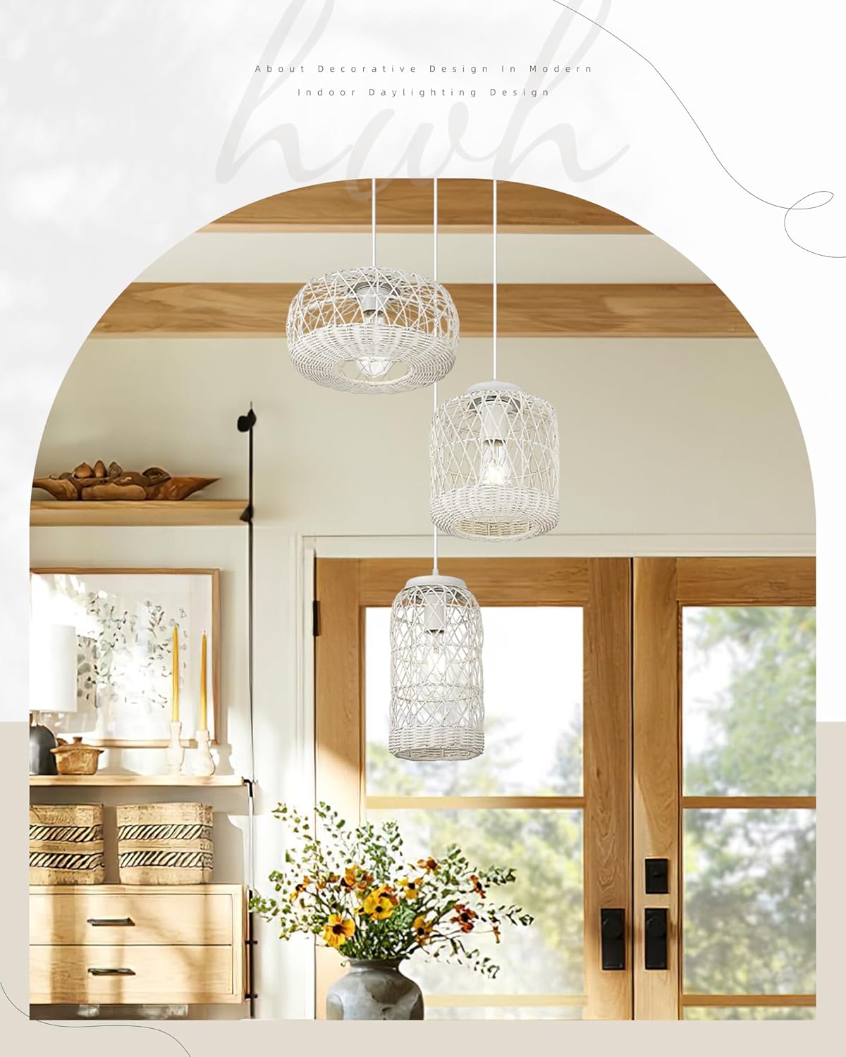 3 Cluster Pendant Light Fixture, HWH Boho Chandelier Light Fixture Rattan Pendant Light, Adjustable Kitchen Hanging Light for Island Dining Room,