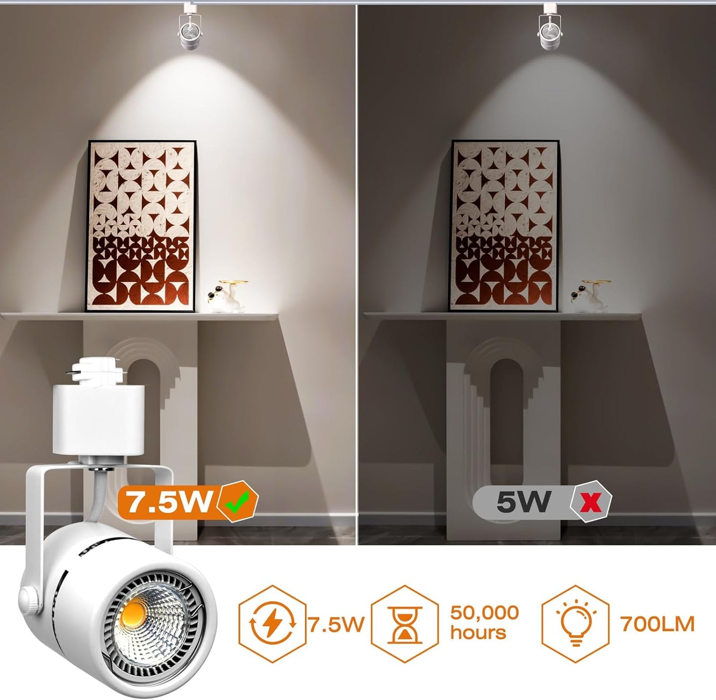 7.5W H Type Track Lighting Heads, Dimmable Bright 5500K Cool White, Flicker Free CRI90+ Track Lighting Fixtures