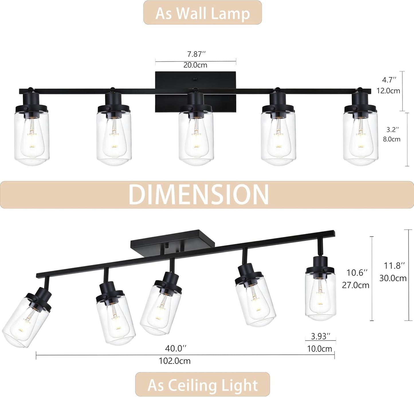 Vicotas Modern Matte Black 5 Lights Adjustable Track Lighting Kits Industrial Flush Mount Ceiling Spotlights Multi-Spot Ceiling Trac