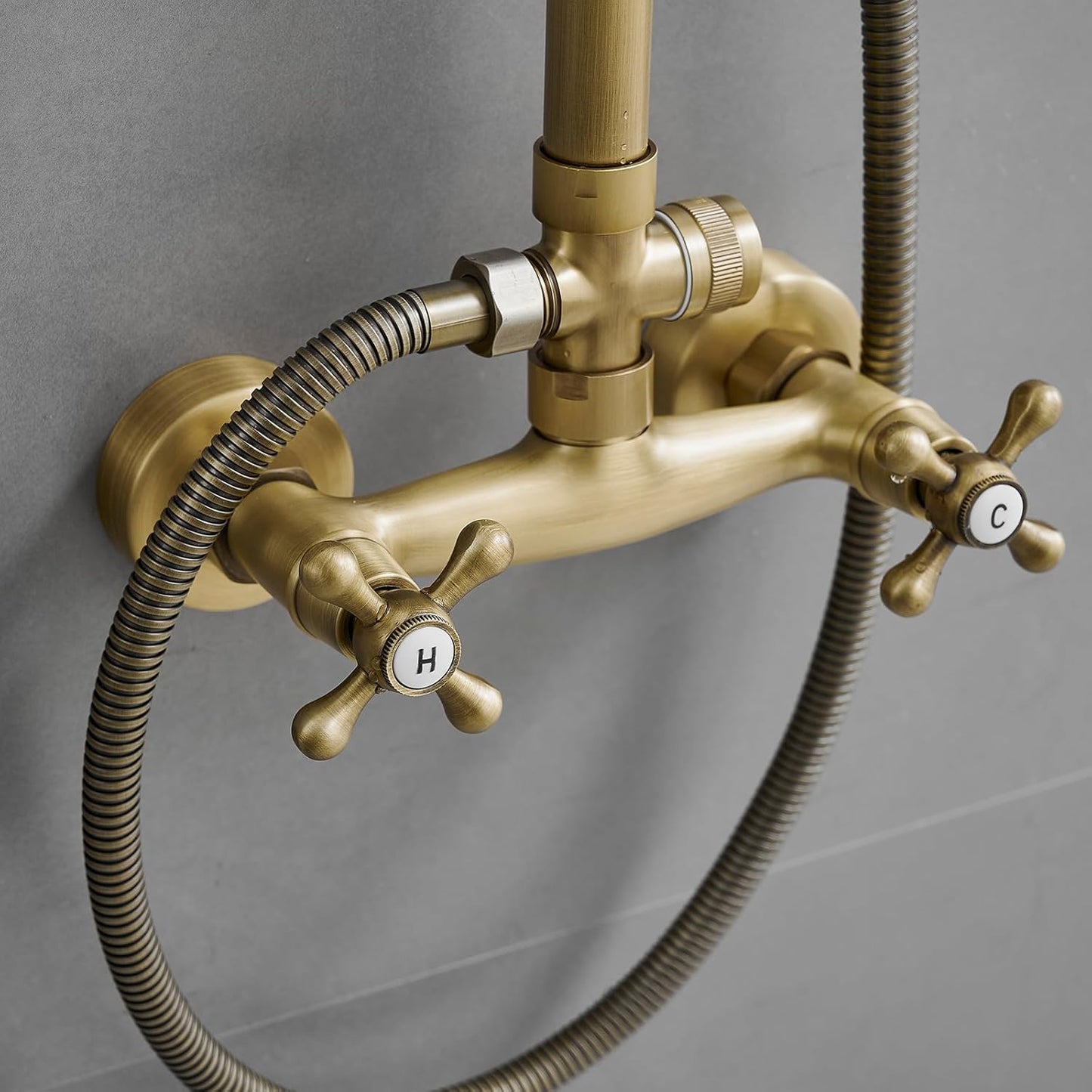 Antique Brass Outdoor Shower Kit, Exposed Pipe Shower System Set, Rainfall Outside Shower Features Two Handle High Pressure, Wall Mount (Antique