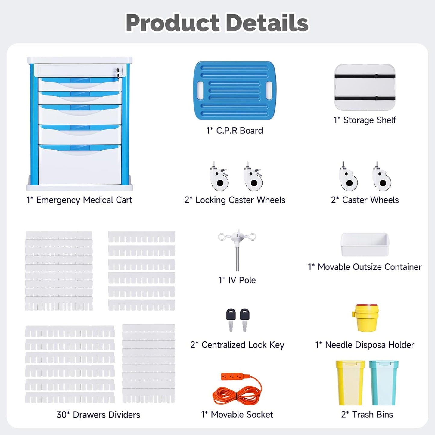 Crash Cart Medical ABS Material, Medical Cart with Drawers, Adjustable IV Pole, Silent Casters, Trash Bins, O2 Holder, Needle Disposal Holder, CPR Board, Nursing Cart for Hospital Clinic 5 Drawers