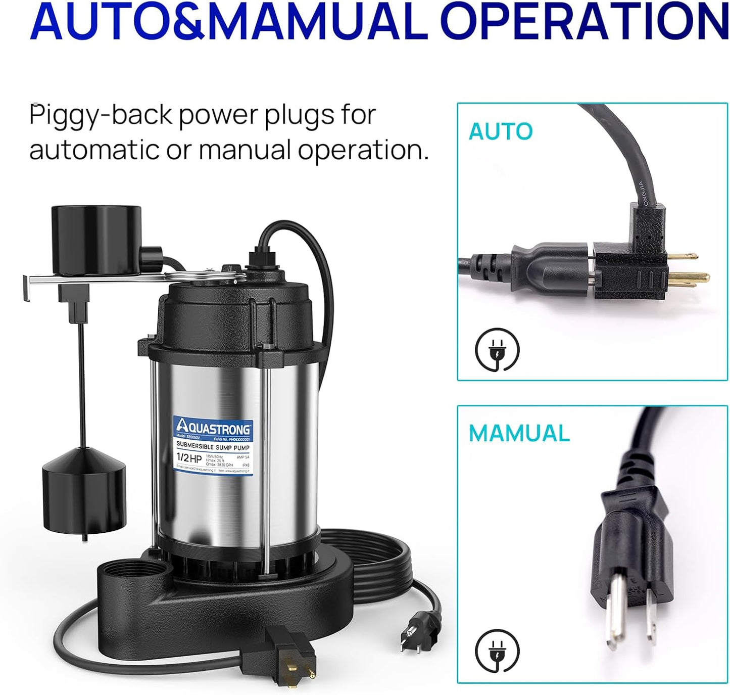 AQUASTRONG 1/2 HP Sump Pump Submersible, 3830 GPH Stainless Steel and Cast Iron Sump Pump, Automatic Integrated