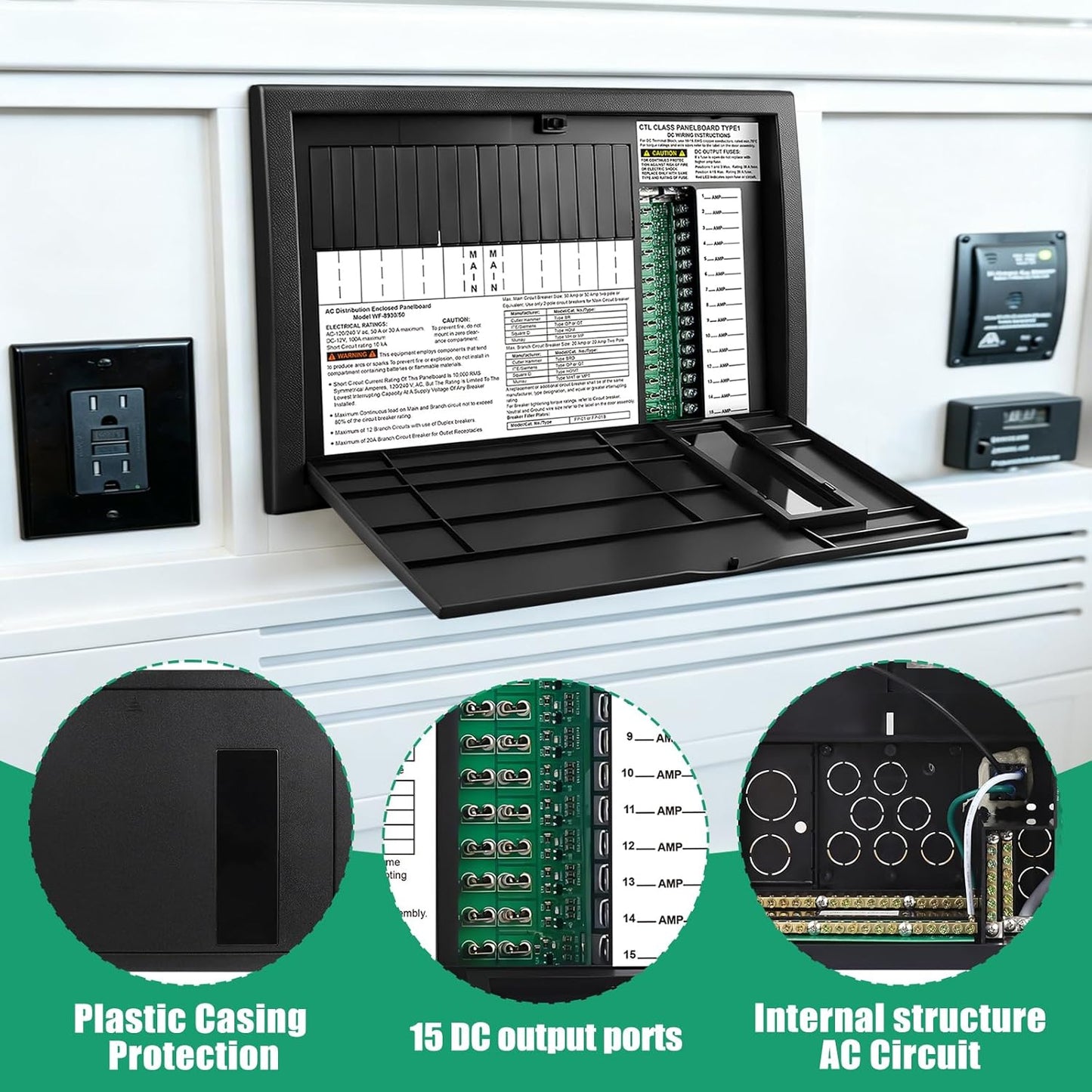 WF-8930 RV Generator and Component，30/50 Amp AC RV Power Distribution Center with 15 DC Circuits Black RV Power Center