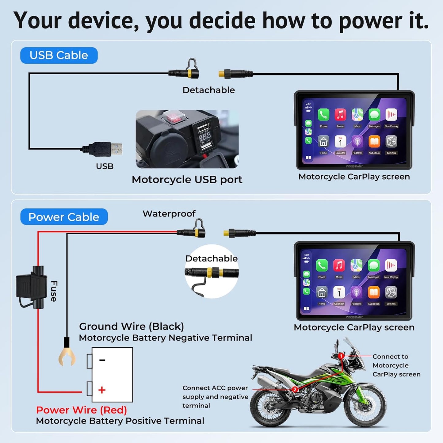 5" Compact Wireless Motorcycle CarPlay & Android Auto with TPMS Screen,IP67 Waterproof IPS Touchscreen,Voice Control, Dual Bluetooth Audio,USB/Acc Power Motorcycle GPS Display for Riding 5 Inch