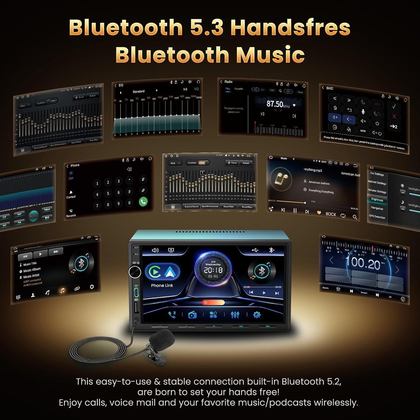 Double Din Car Stereo with Wireless Carplay & Android Auto - 7 Inch HD Touchscreen Bluetooth 5.3 Car Radio, 12 Back Ports 4.2 Channel Pre-Out, 30-Band EQ, SWC, Reverse Camera, Mirror Link
