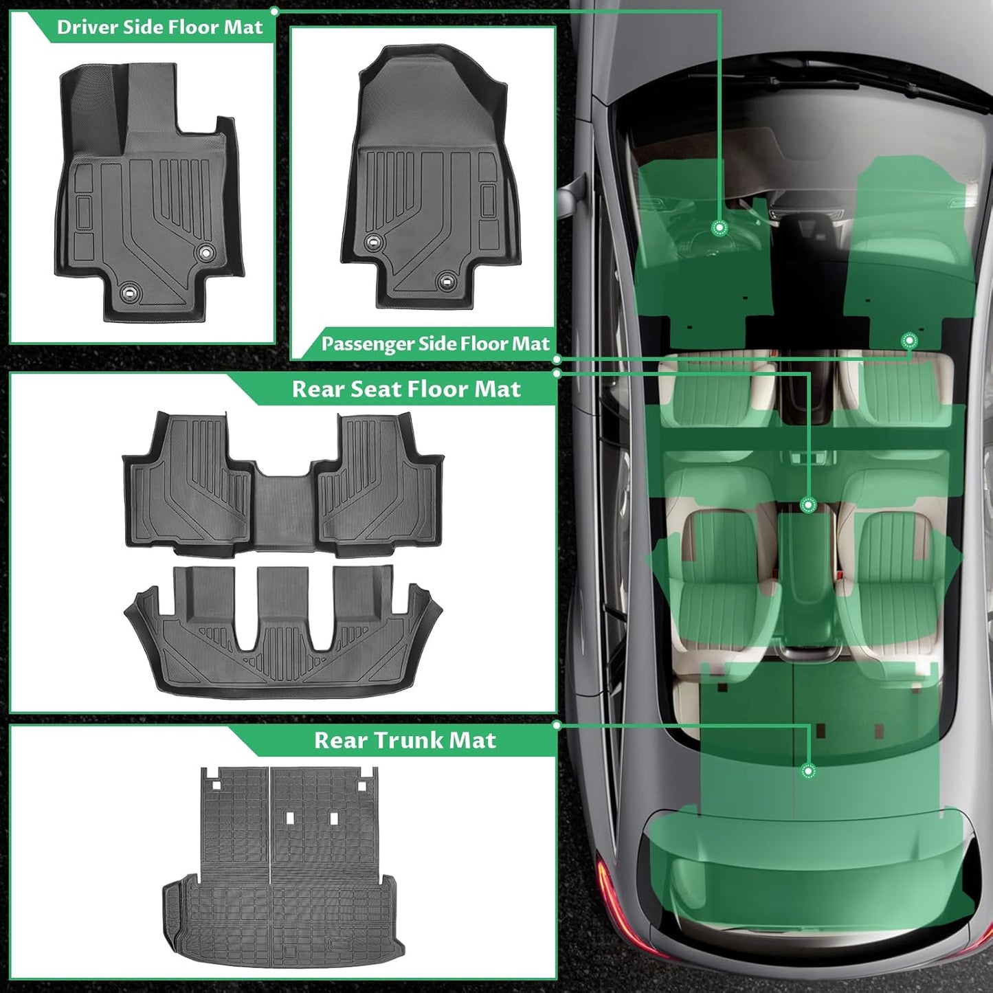 Floor Mats for Toyota Grand Highlander 2024 2025 2026,7 Seat, Hybrid & Gas, Custom Fit Grand Highlander Floor Mats, TPE All Weather 1st & 2nd & 3rd Row & Cargo Liner & Seatback Mat