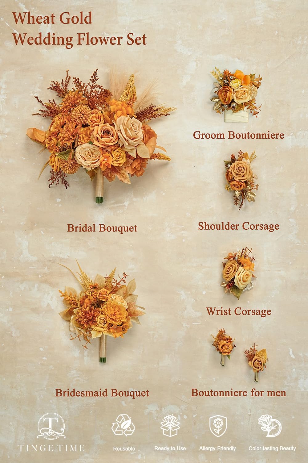 TINGE TIME 7in Wheat Gold Silk Bridesmaid Bouquets Set 4