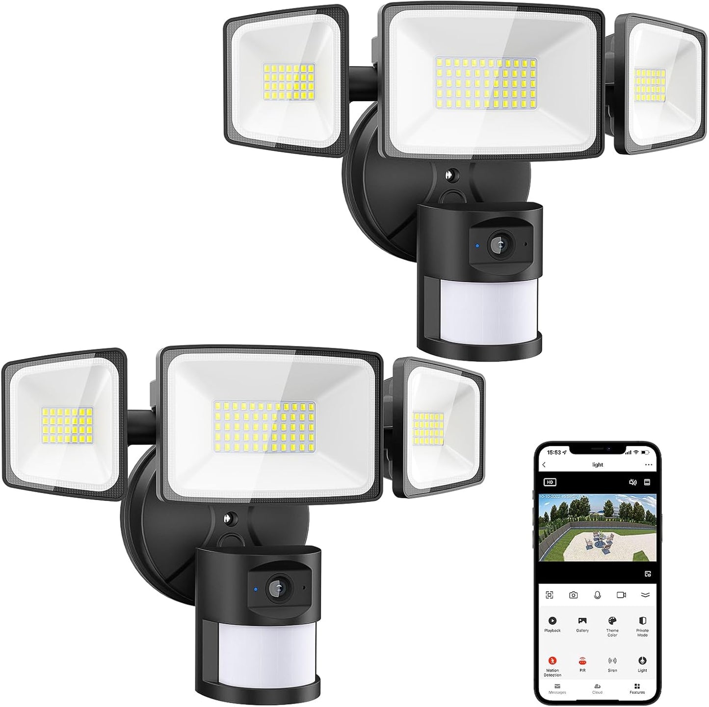 Floodlight Camera Outdoor, 2 Packs 55W Smart Security Wired Cam with 5500LM LEDs 2K HD IP65 Motion Detection