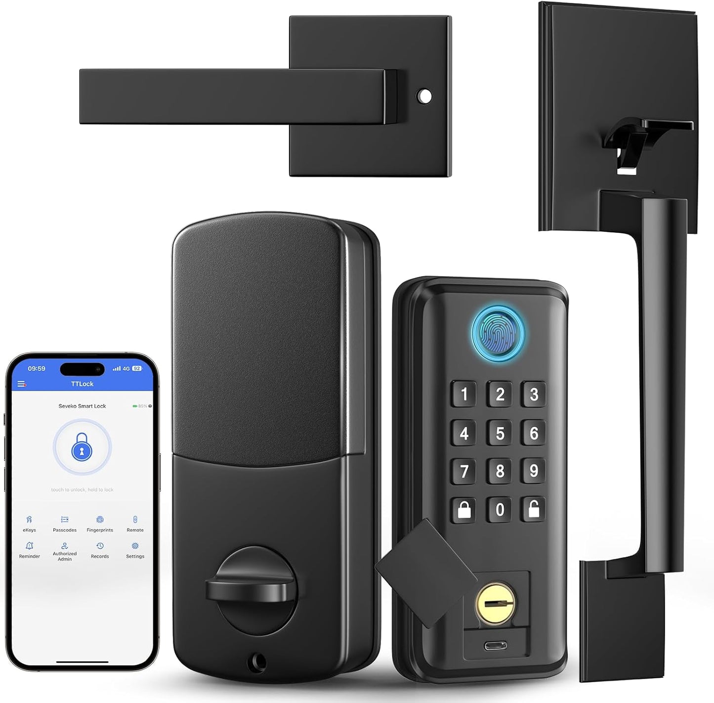 Keyless Entry Door Lock, SEVEKO Smart Locks for Front Door with Handle, Fingerprint Front Door Lock Set with APP Control, Keypad Deadbolt Door Lock,