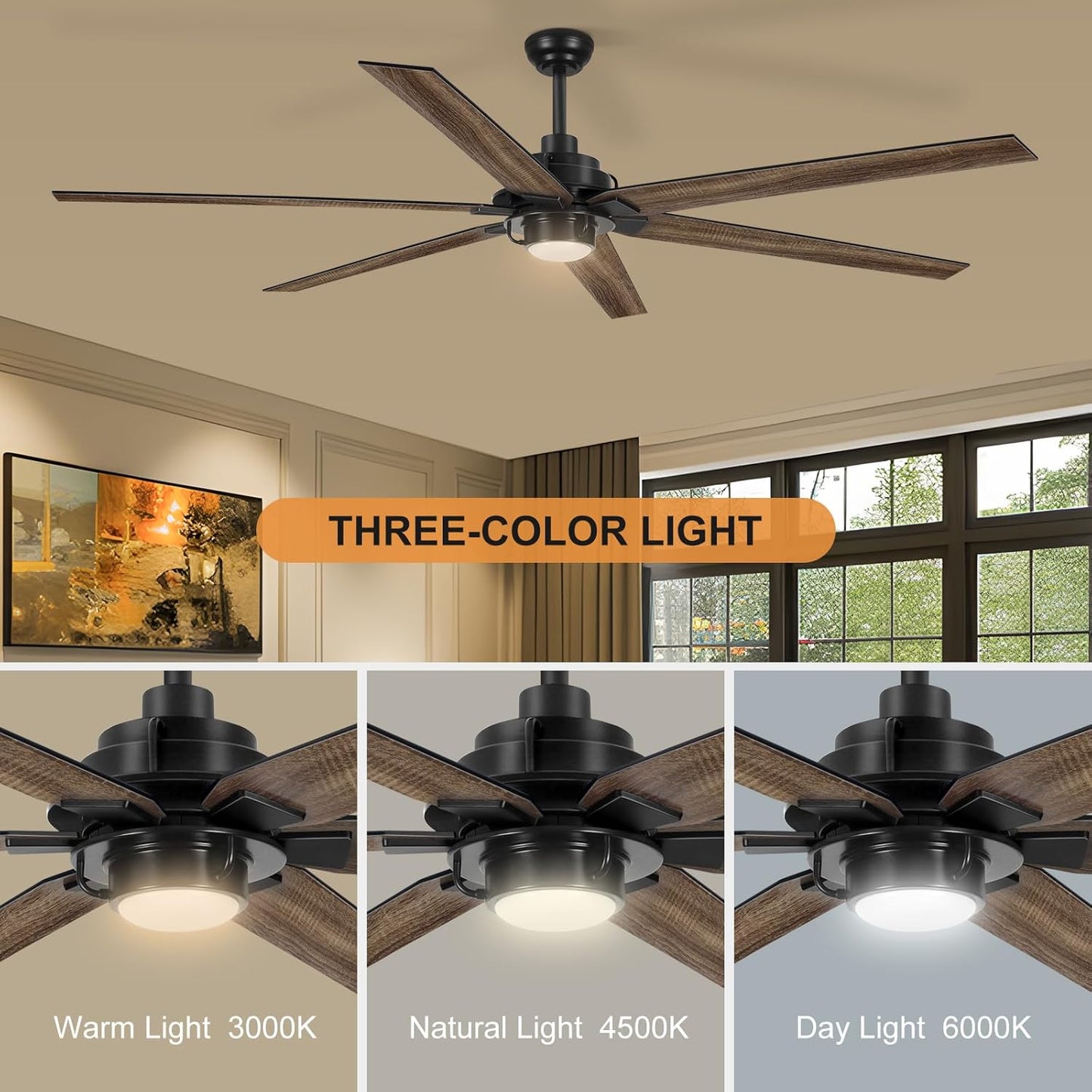 72-Inch Large Ceiling Fan with Lights and Remote, 6-Blade Silver Modern Design for Indoor/Outdoor Patio, Quiet DC Motor, 3 CCT Dimmable, 6 Speeds (72&