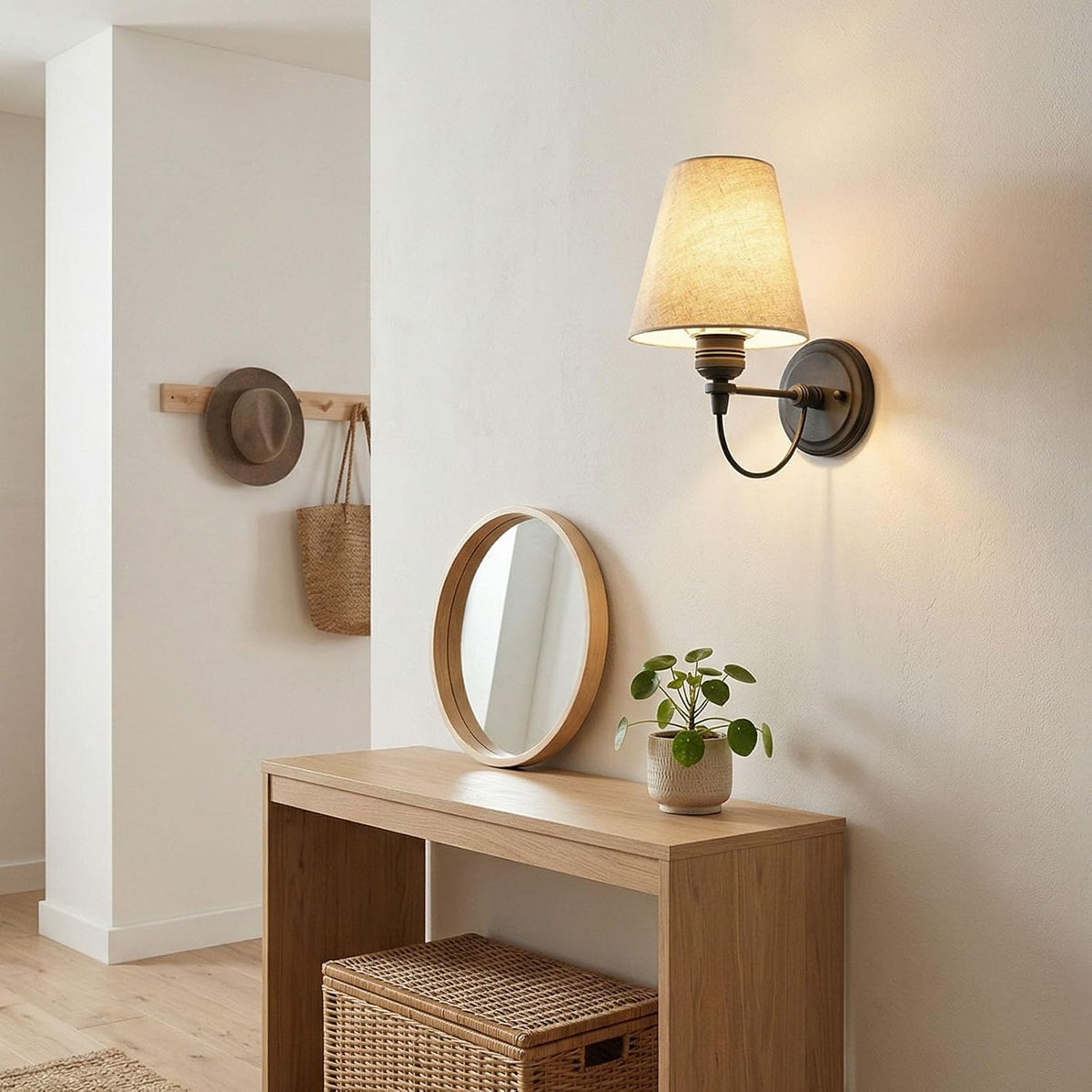 Retro Wall Sconce Set of 2 with Linen Fabric Shade Hardwired