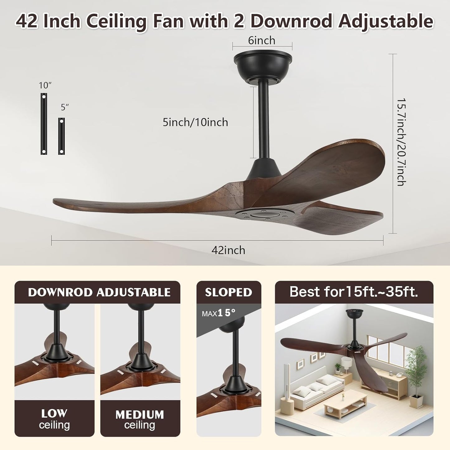 42'' Wood Ceiling Fan without Light,Large Airflow with Quiet Operation and Speed Memory Function,Outdoor Ceiling Fan Dark Walnut Finish for Bedroom,Living Room,Patio.