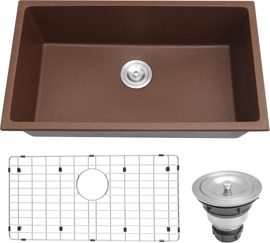 MILOSEN Undermount Brown Kitchen Sink 31 Inch, Single Bowl Granite Composite Kitchen Sinks, 3118 Inch Quartz Kitchen sink