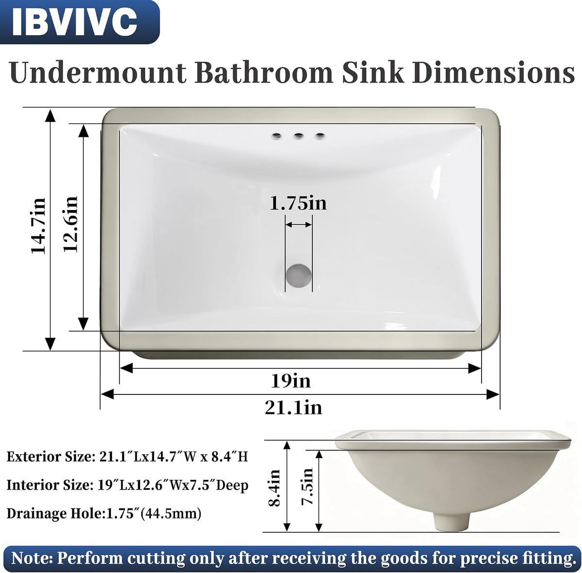 IBVIVIC Undermount Bathroom Sink, 21.1x14.7 Inch White Rectangle Porcelain Ceramic Vessel Sink, Deep Basin with Overflow - Under Counter Lavatory Vanity Sink for Home & Hotel 21.1*14.7Inch