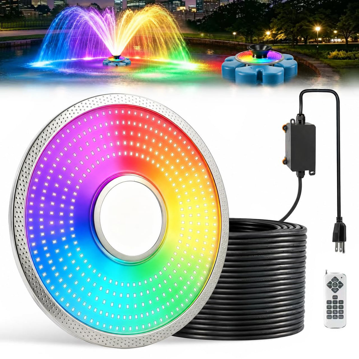 RELIY Pond Fountain Aerator 50W RGBW Fountain Light Upgrade Kit for, 10000LM 360-Degree LED Light Ring, 100FT Cord, IP68 Stainless Steel Pond Light for Lakes, Water Gardens