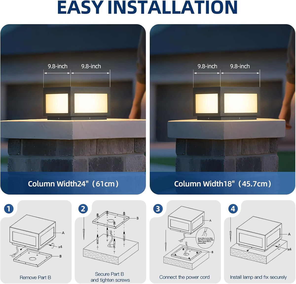 9.8" Outdoor Post Lights Hard Wired, Waterproof AC100-240V Column Light, 3000K Modern Pillar Lights, LED Deck Square Post Light Fence Lamp for Patio Garden Gate Entrance Posts with E26 Bulb
