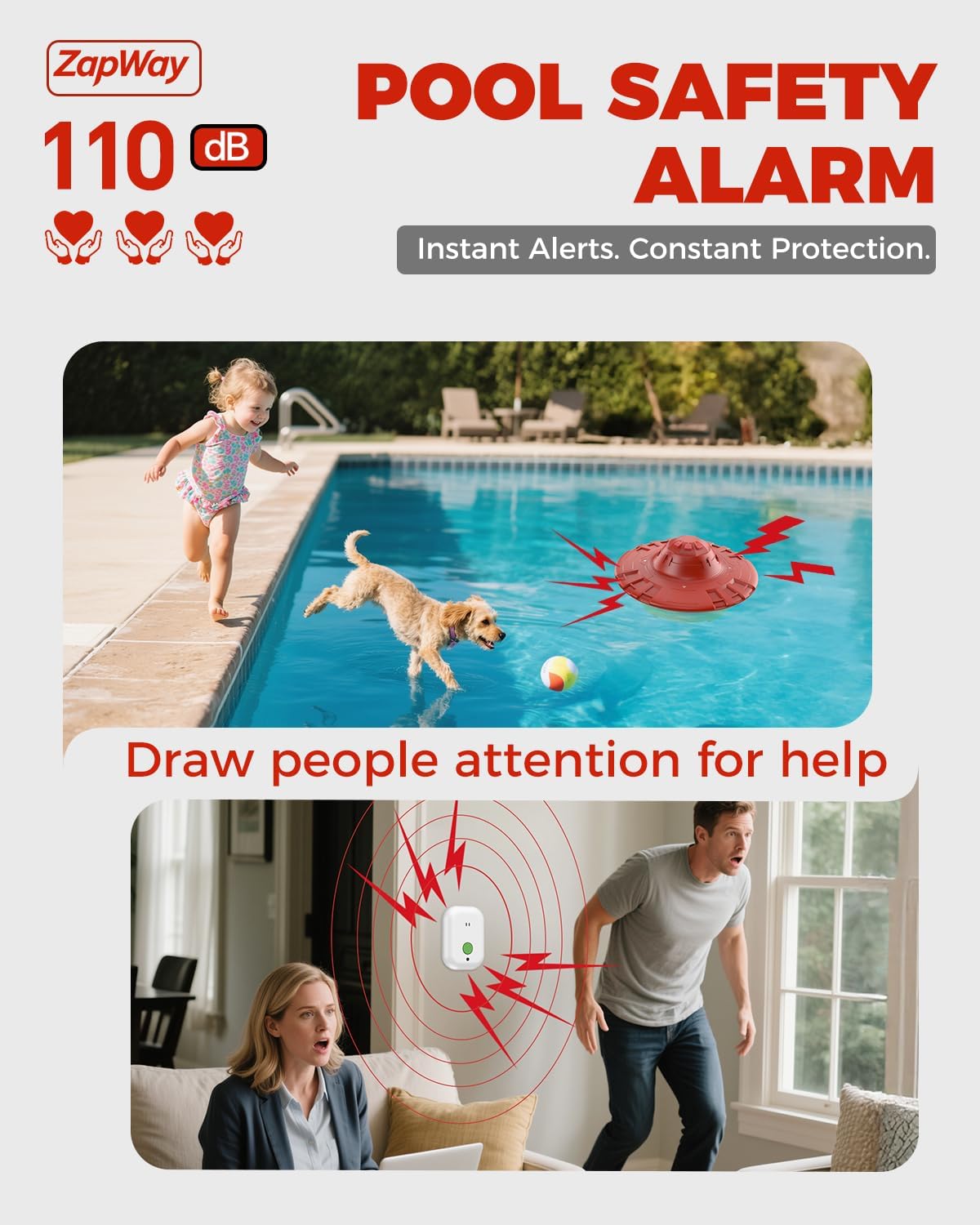 Pool Alarm with Indoor Receiver, Ultra Loud Floating Alarm for Inground & Above Ground Pools, Adjustable Sensitivity for Backyard Water Safety with Children & Pets, Red Green
